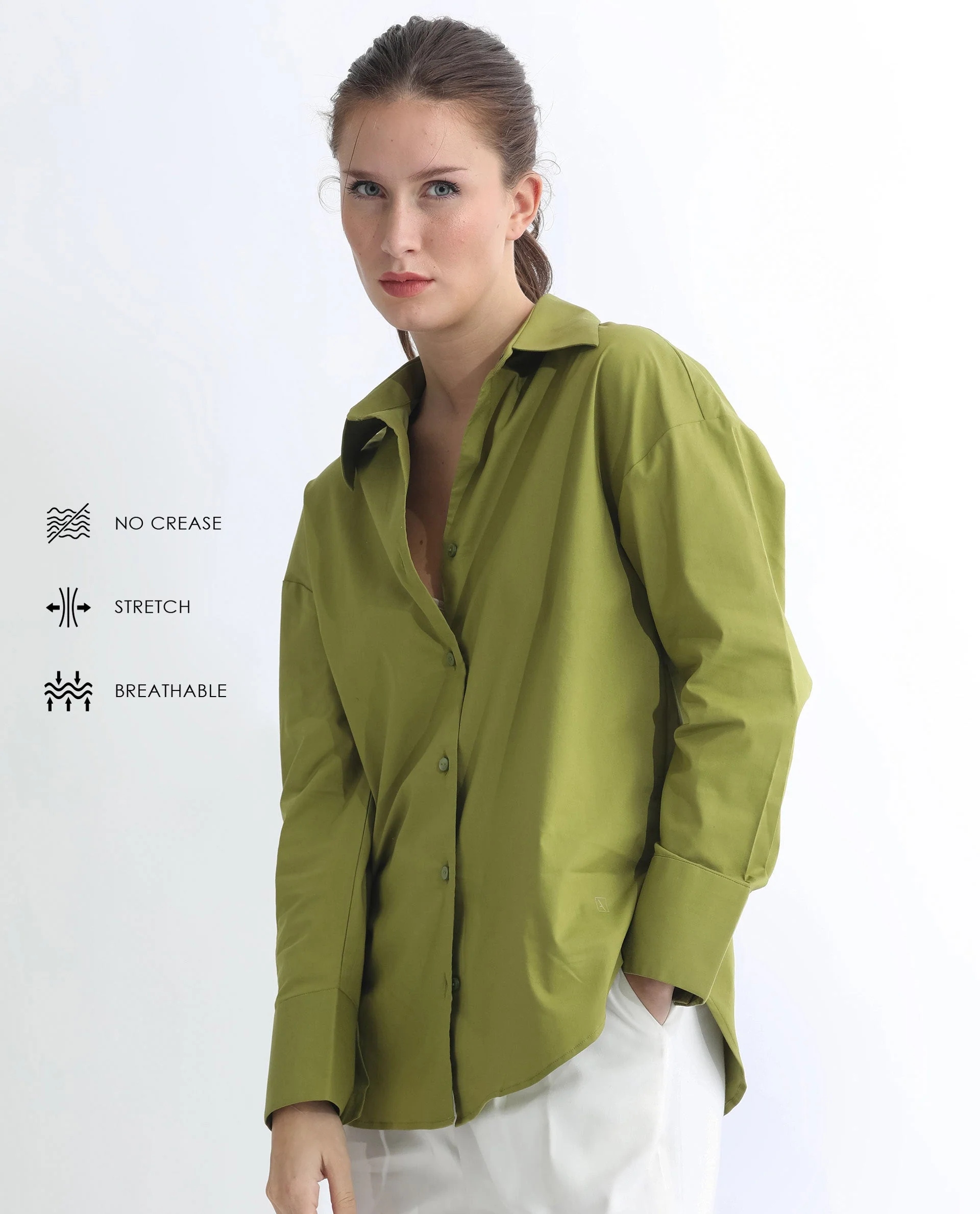 Rareism Women's Klox Light Olive Cotton Spread Collar Plain Cuffed Sleeve Regular Fit Shirt - Image 2