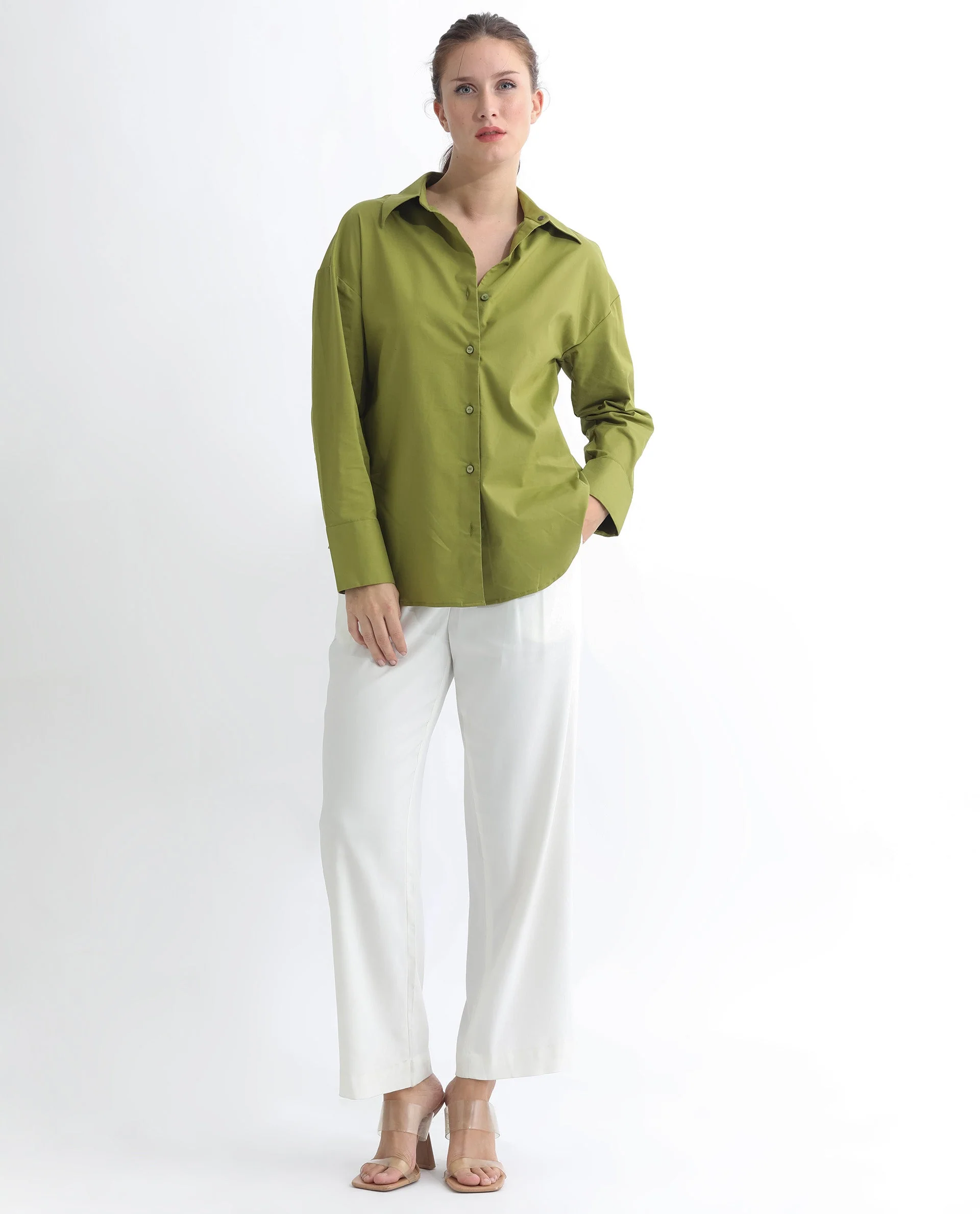 Rareism Women's Klox Light Olive Cotton Spread Collar Plain Cuffed Sleeve Regular Fit Shirt - Image 3