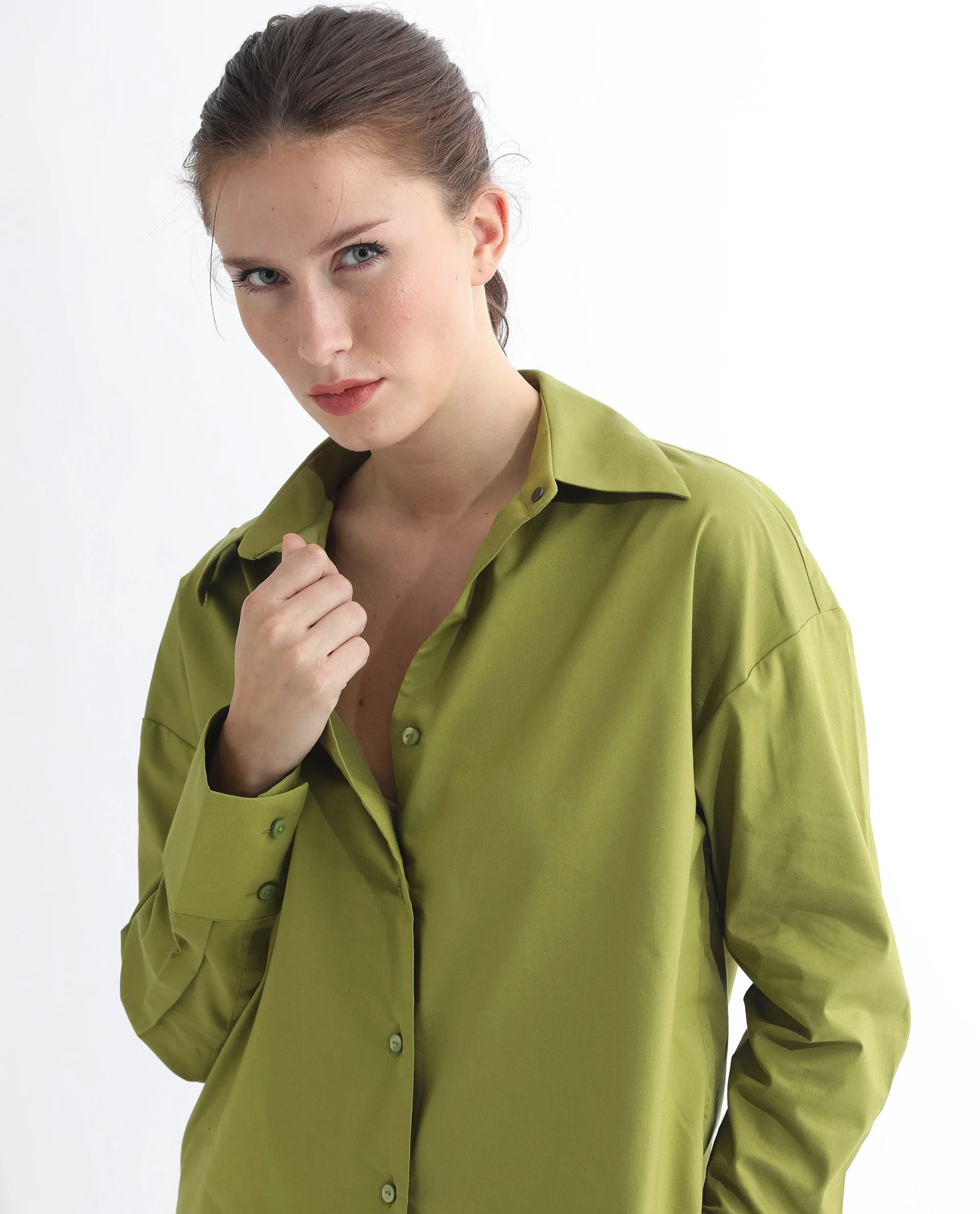 Rareism Women's Klox Light Olive Cotton Spread Collar Plain Cuffed Sleeve Regular Fit Shirt - Image 5