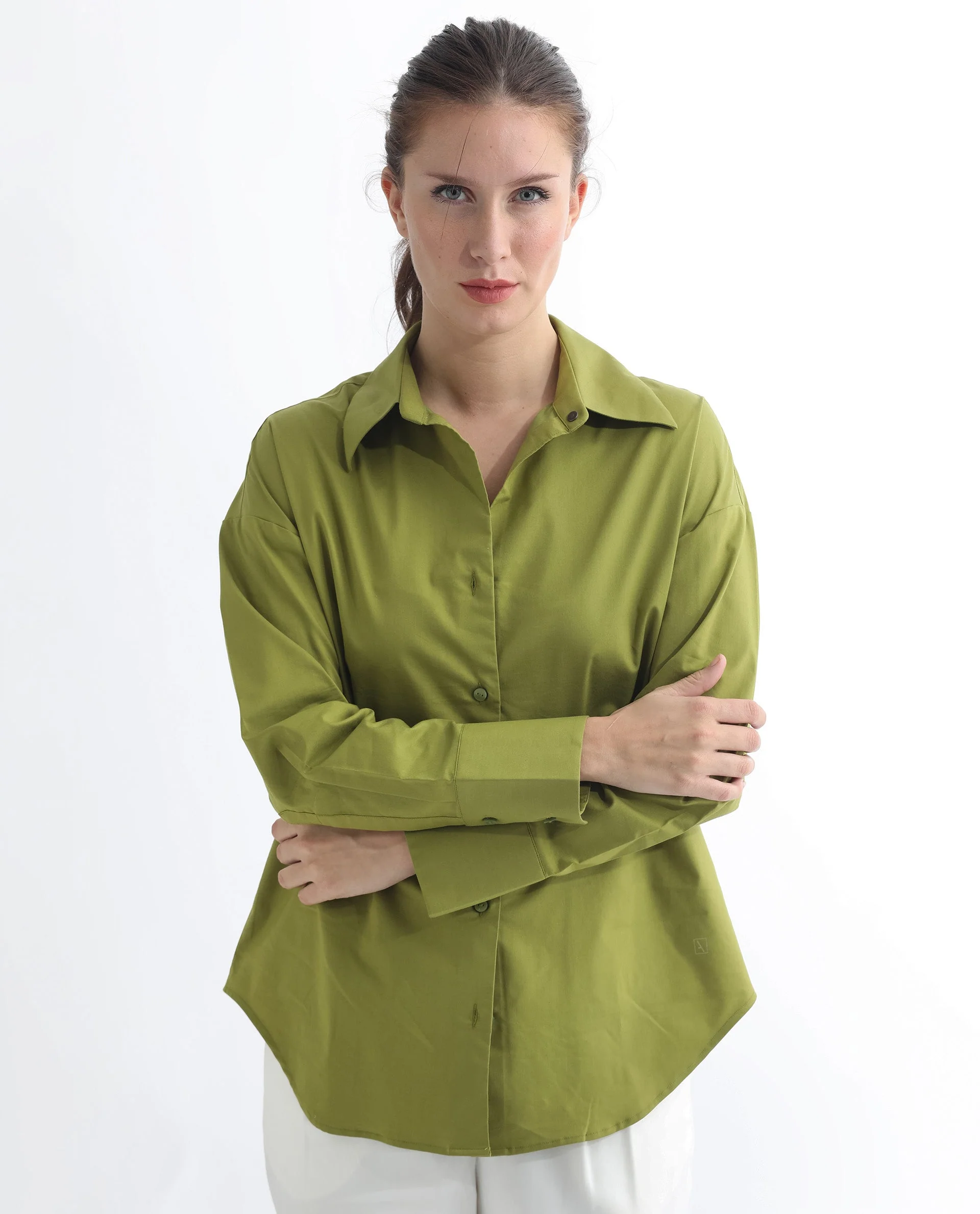 Rareism Women's Klox Light Olive Cotton Spread Collar Plain Cuffed Sleeve Regular Fit Shirt - Image 6