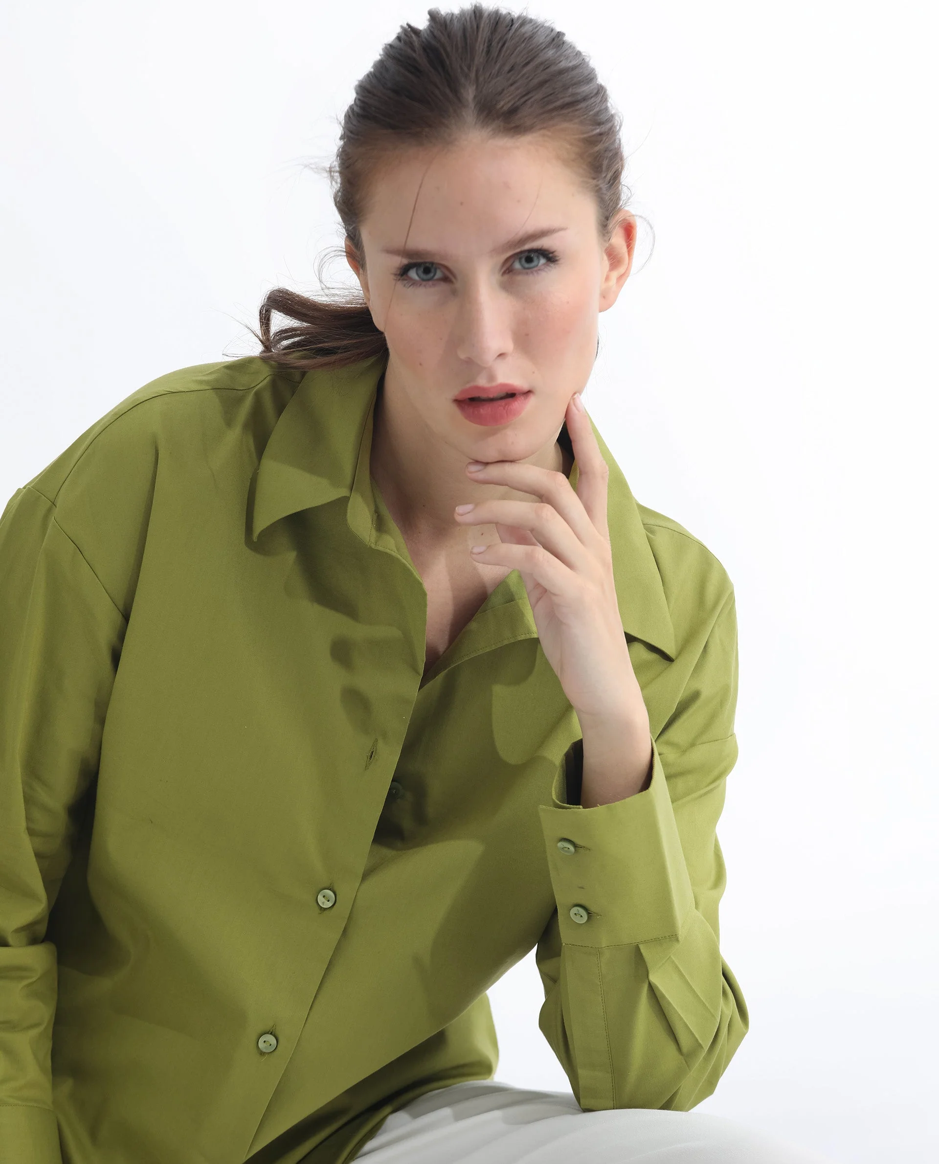 Rareism Women's Klox Light Olive Cotton Spread Collar Plain Cuffed Sleeve Regular Fit Shirt - Image 7