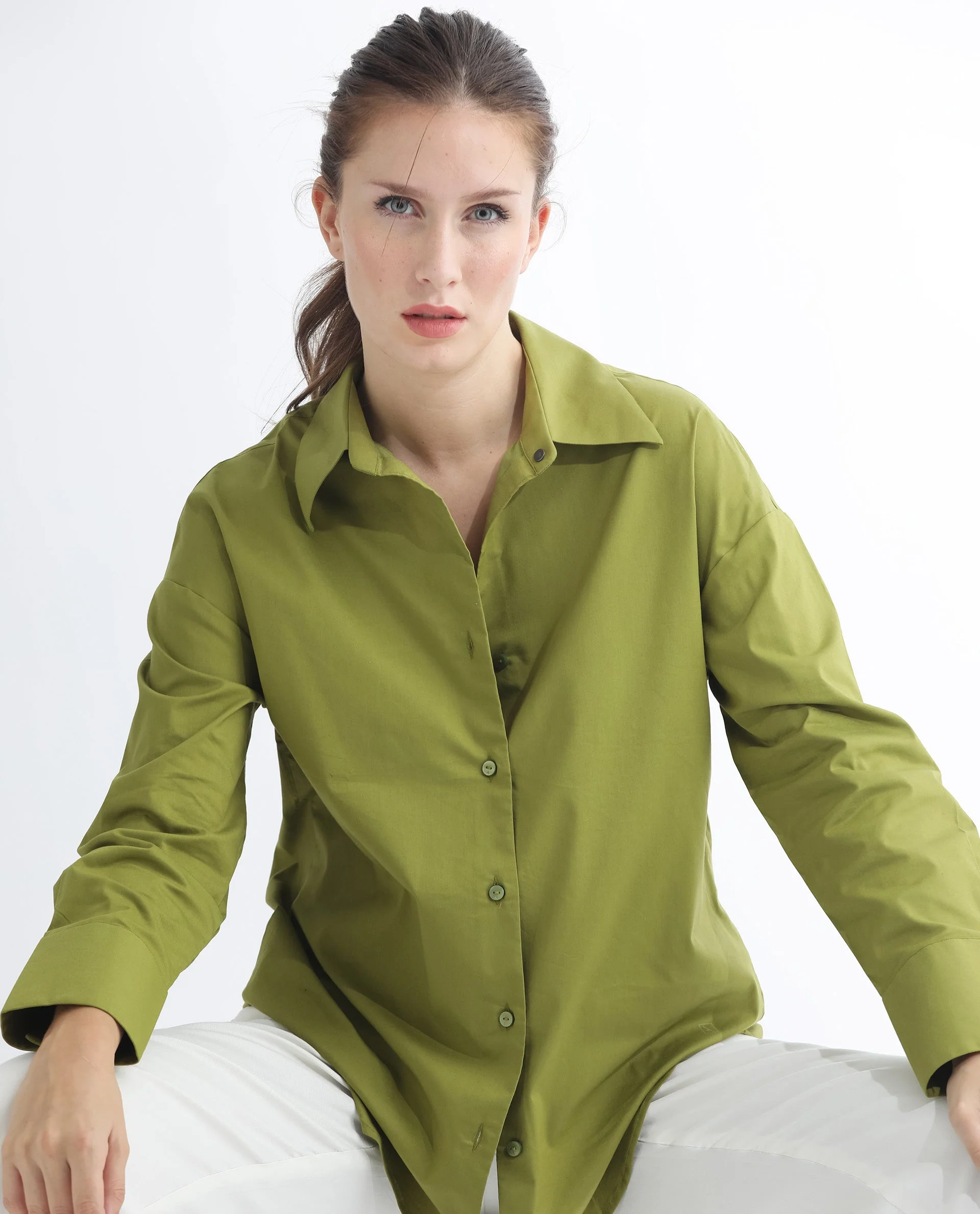 Rareism Women's Klox Light Olive Cotton Spread Collar Plain Cuffed Sleeve Regular Fit Shirt - Image 8