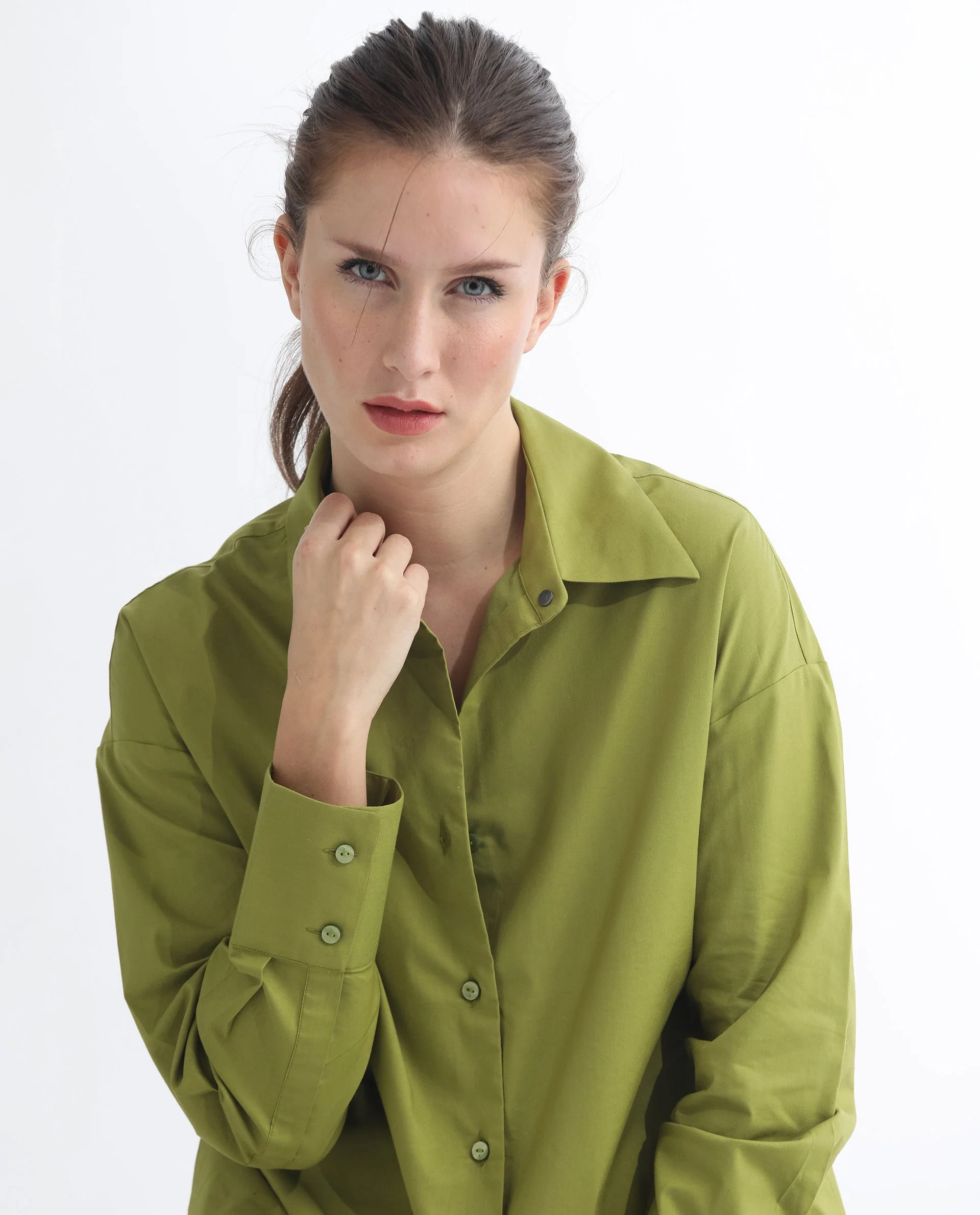 Rareism Women's Klox Light Olive Cotton Spread Collar Plain Cuffed Sleeve Regular Fit Shirt - Image 9