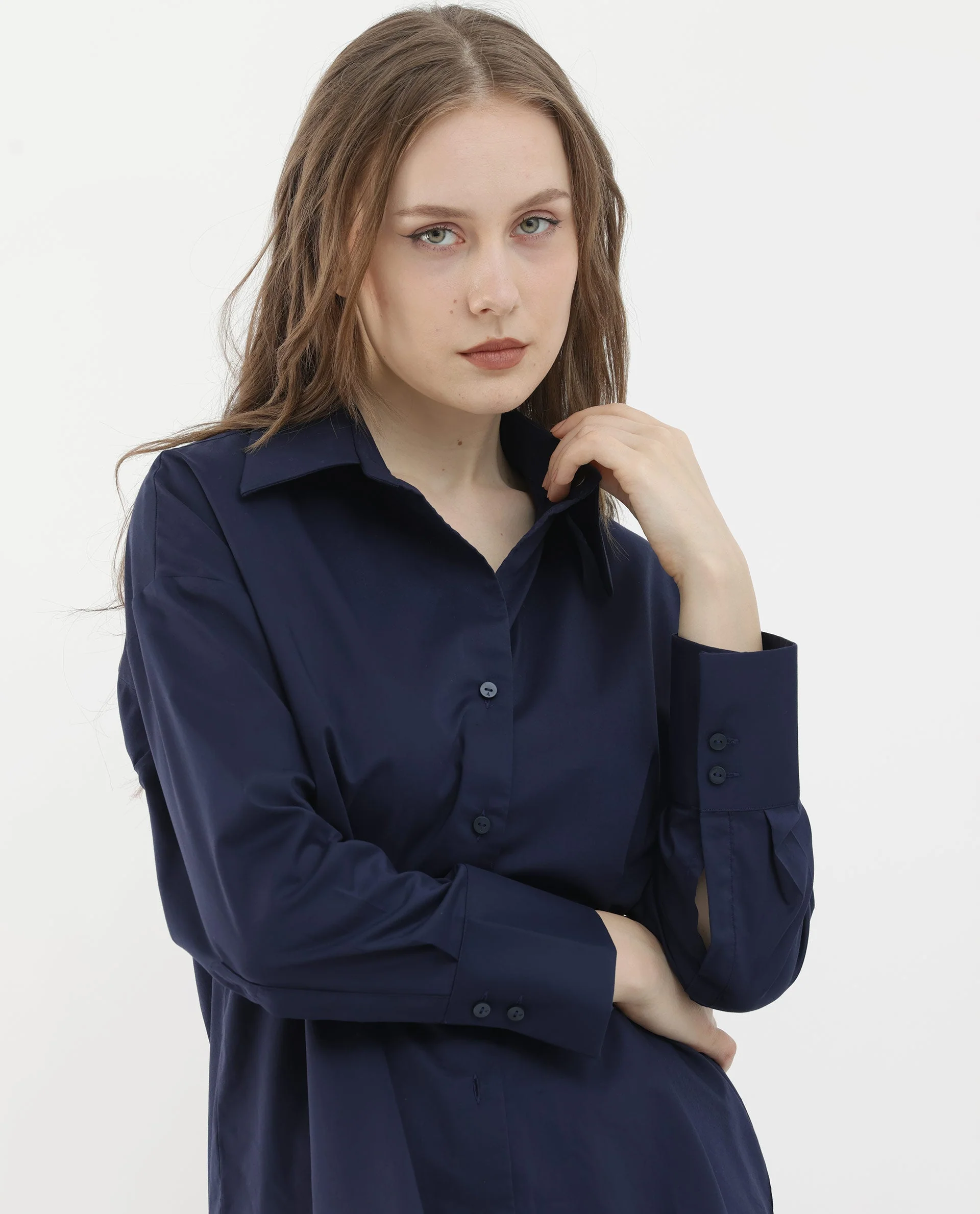 Rareism Women's Klox Navy Cotton Spread Collar Plain Cuffed Sleeve Regular Fit Shirt - Image 2