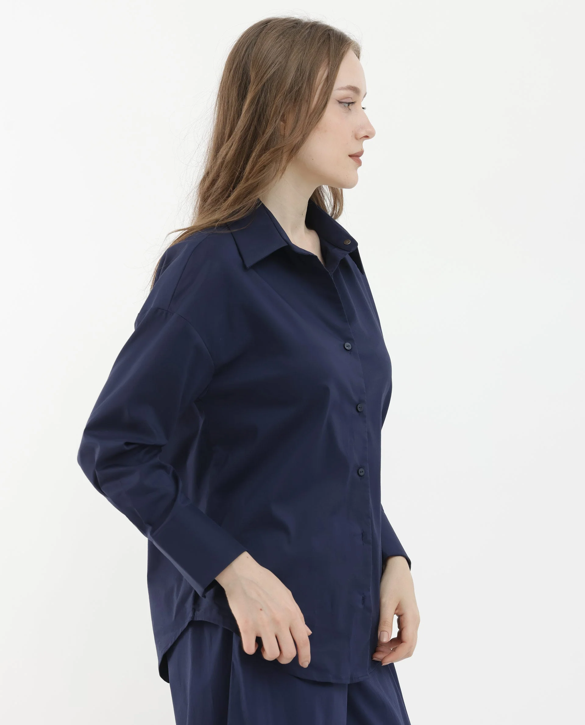 Rareism Women's Klox Navy Cotton Spread Collar Plain Cuffed Sleeve Regular Fit Shirt - Image 5