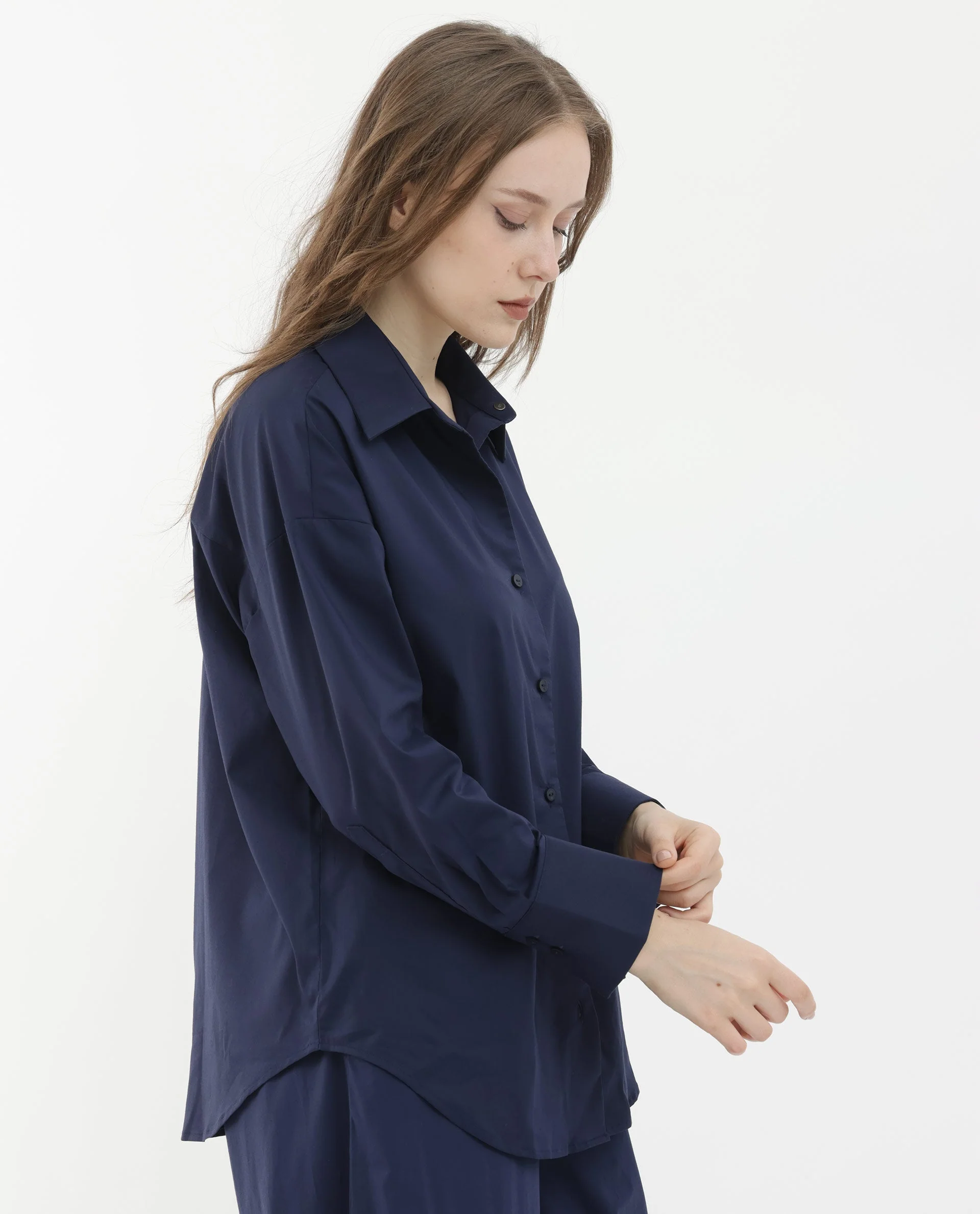 Rareism Women's Klox Navy Cotton Spread Collar Plain Cuffed Sleeve Regular Fit Shirt - Image 7