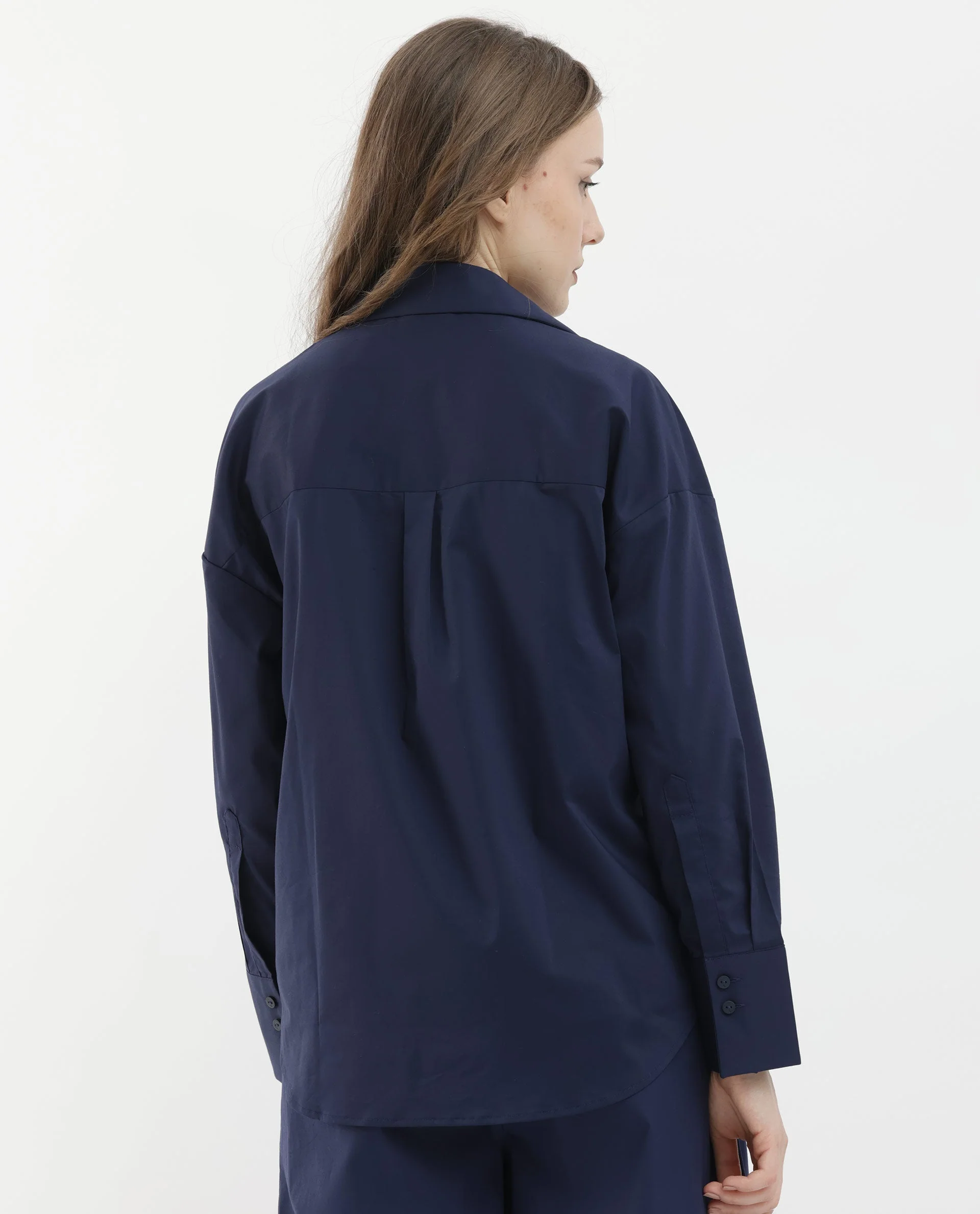 Rareism Women's Klox Navy Cotton Spread Collar Plain Cuffed Sleeve Regular Fit Shirt - Image 8