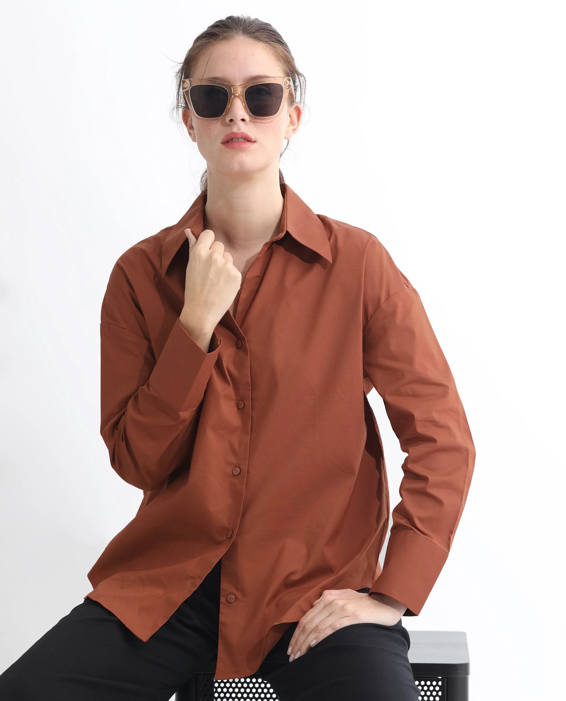 Rareism Women's Klox Orange Cotton Spread Collar Plain Cuffed Sleeve Regular Fit Shirt - Image 3
