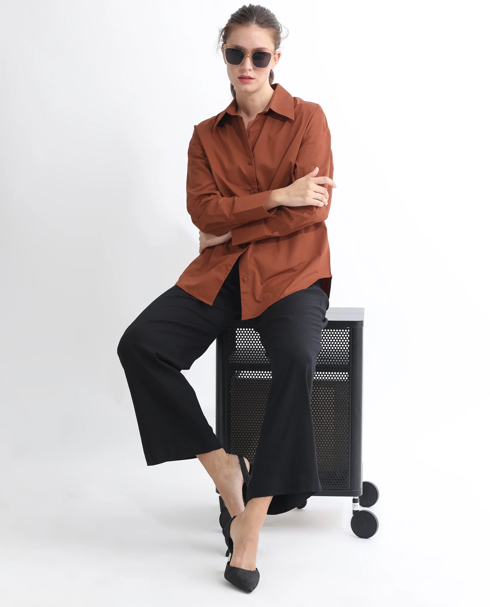 Rareism Women's Klox Orange Cotton Spread Collar Plain Cuffed Sleeve Regular Fit Shirt - Image 5