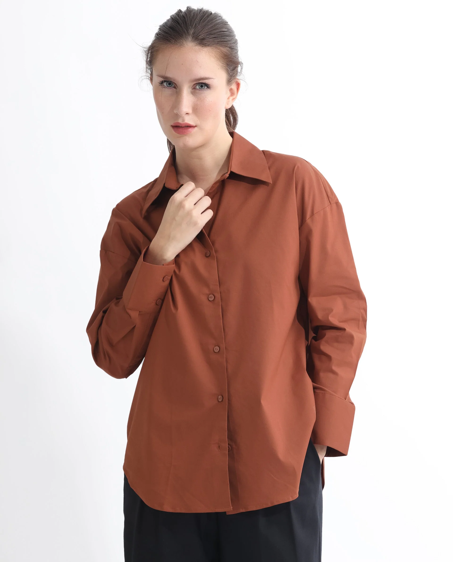 Rareism Women's Klox Orange Cotton Spread Collar Plain Cuffed Sleeve Regular Fit Shirt - Image 7