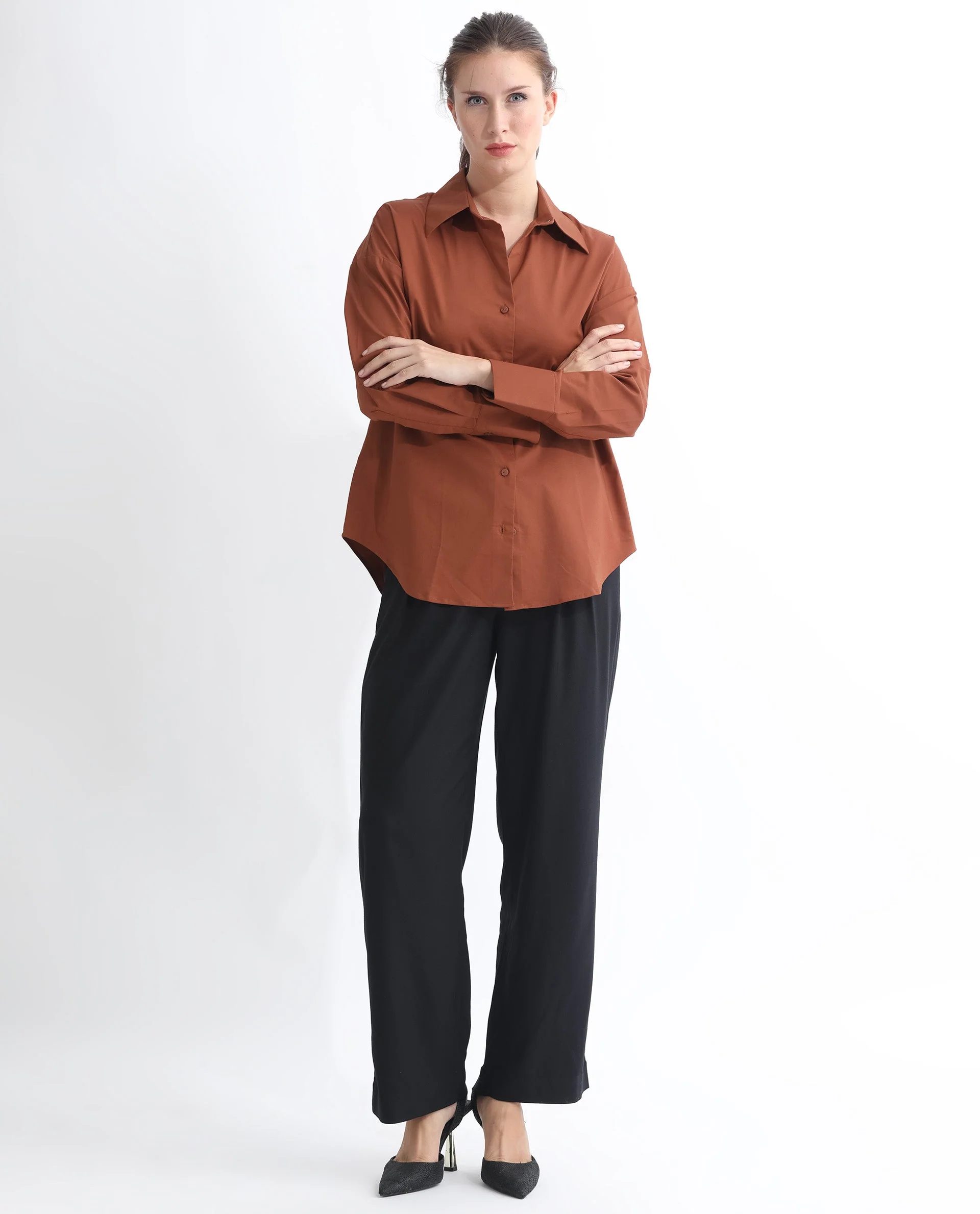 Rareism Women's Klox Orange Cotton Spread Collar Plain Cuffed Sleeve Regular Fit Shirt - Image 8