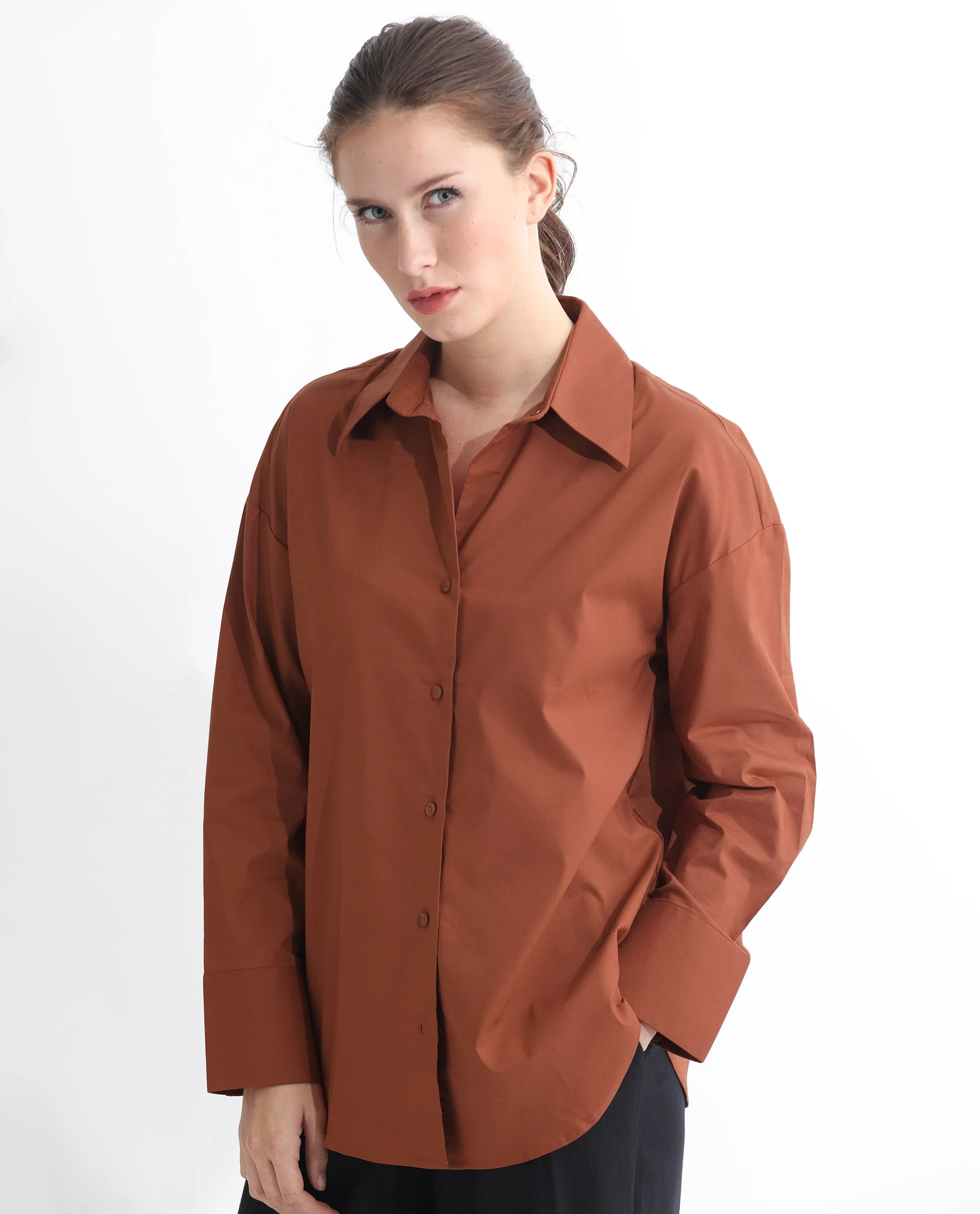 Rareism Women's Klox Orange Cotton Spread Collar Plain Cuffed Sleeve Regular Fit Shirt - Image 9