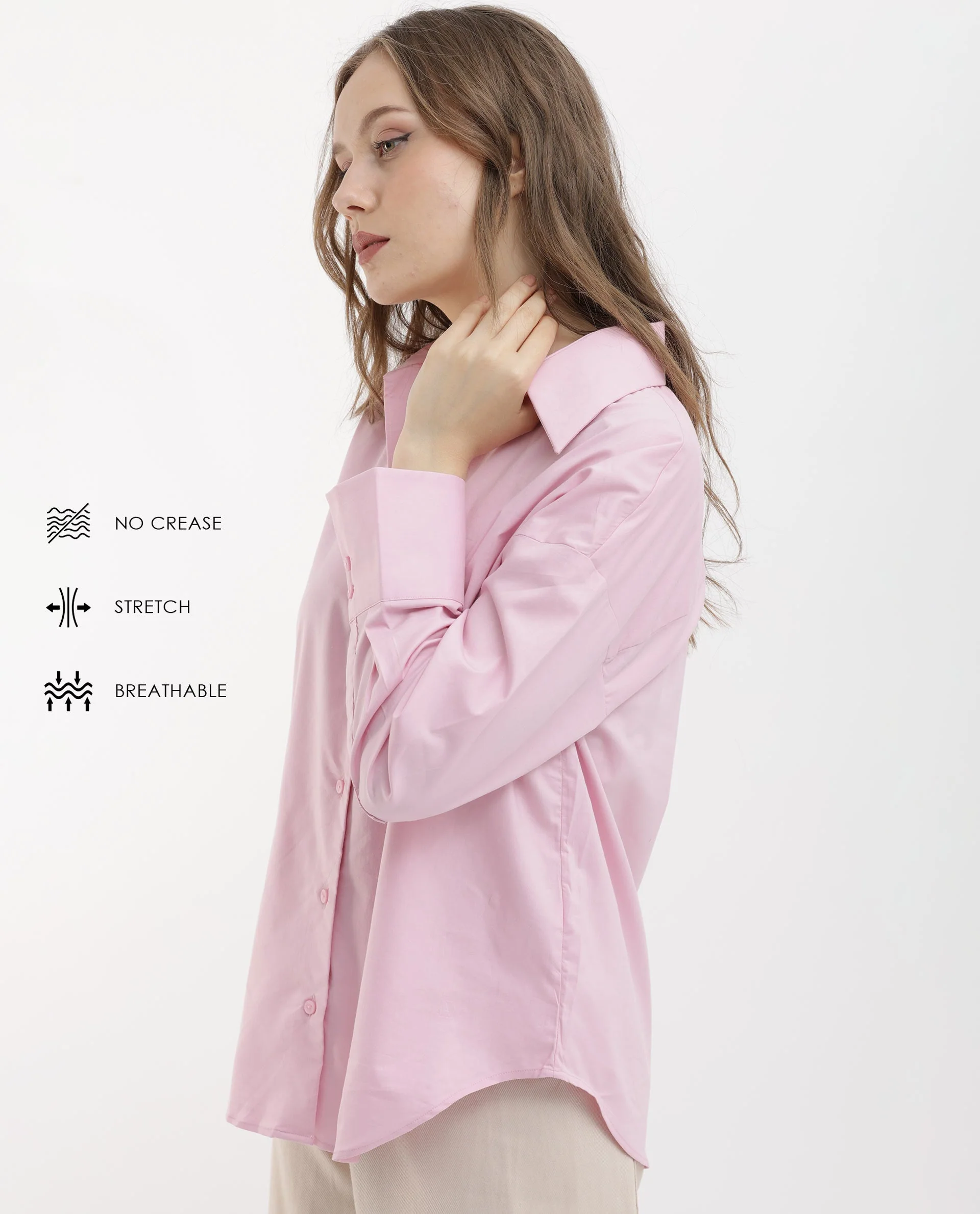 Rareism Women's Klox Pink Cotton Spread Collar Plain Cuffed Sleeve Regular Fit Shirt - Image 3