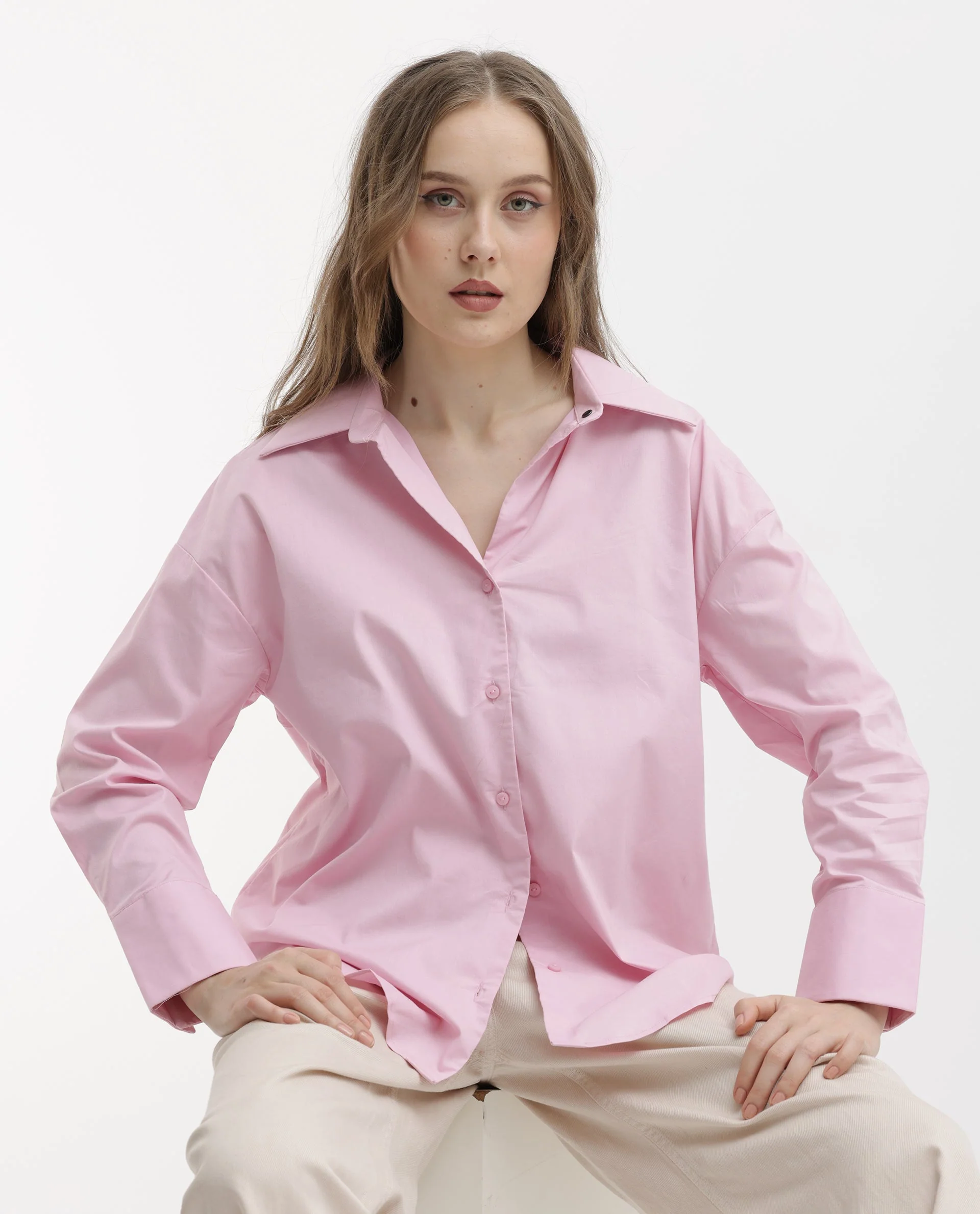 Rareism Women's Klox Pink Cotton Spread Collar Plain Cuffed Sleeve Regular Fit Shirt - Image 5