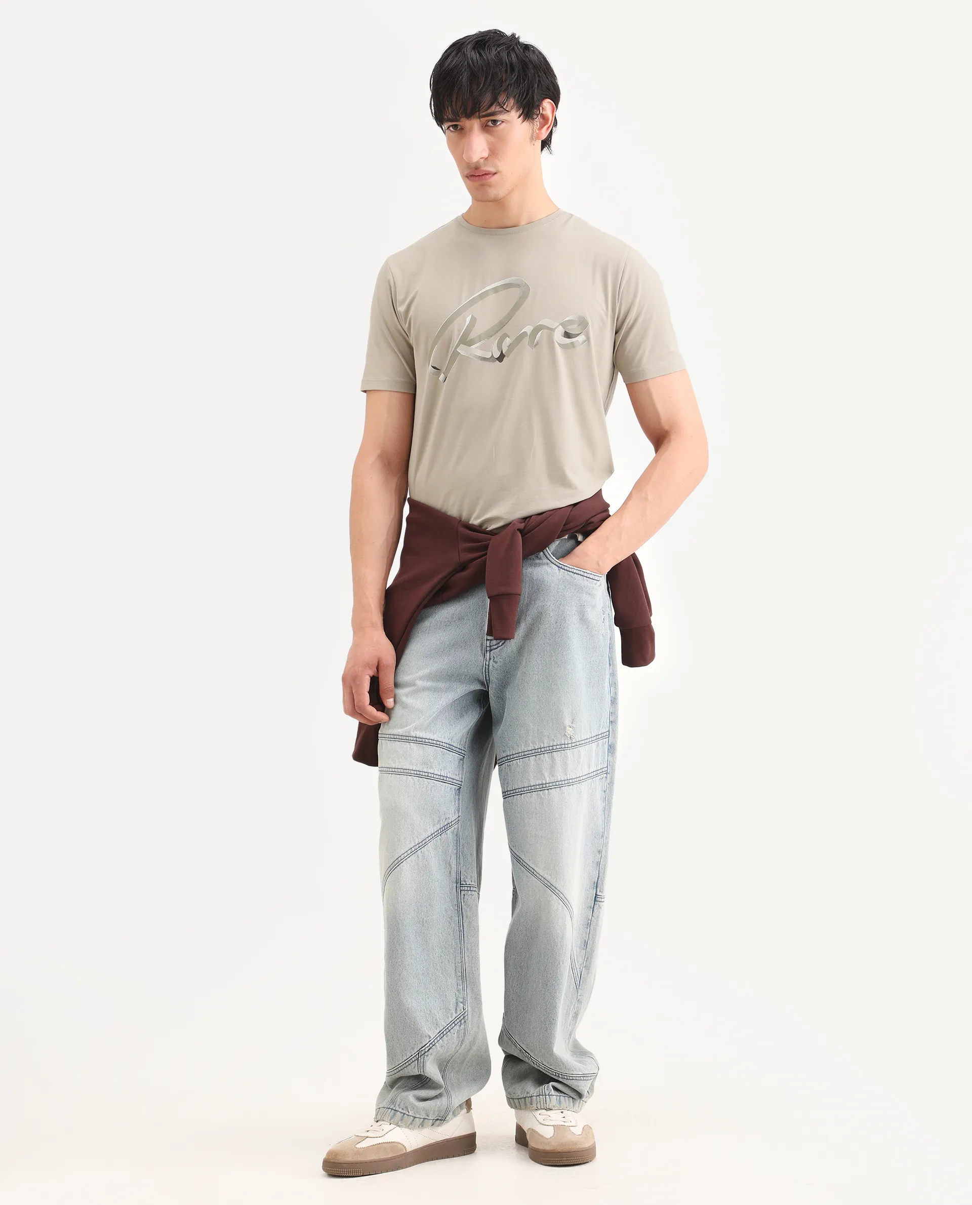 Rare Rabbit Men's Kloz Dusky Beige Cotton Blend Fabric Half Sleeve Crew Neck Regular Fit Graphic Print T-Shirt - Image 2