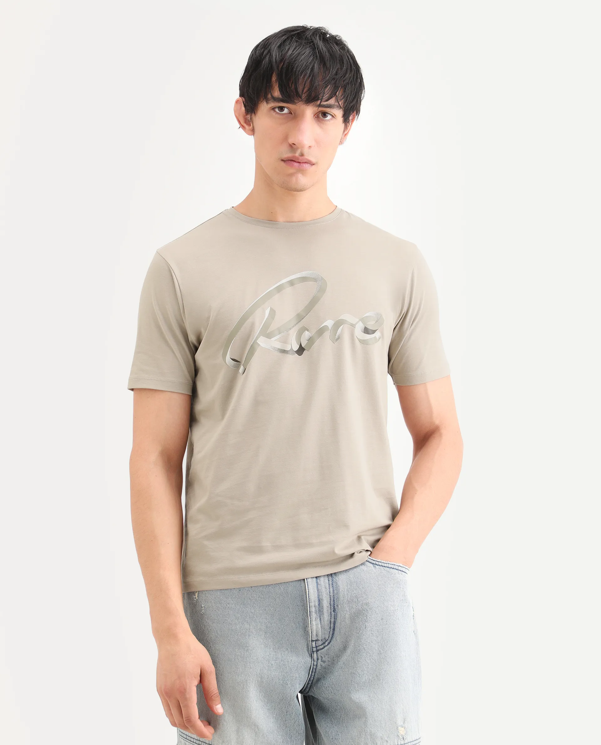 Rare Rabbit Men's Kloz Dusky Beige Cotton Blend Fabric Half Sleeve Crew Neck Regular Fit Graphic Print T-Shirt - Image 3