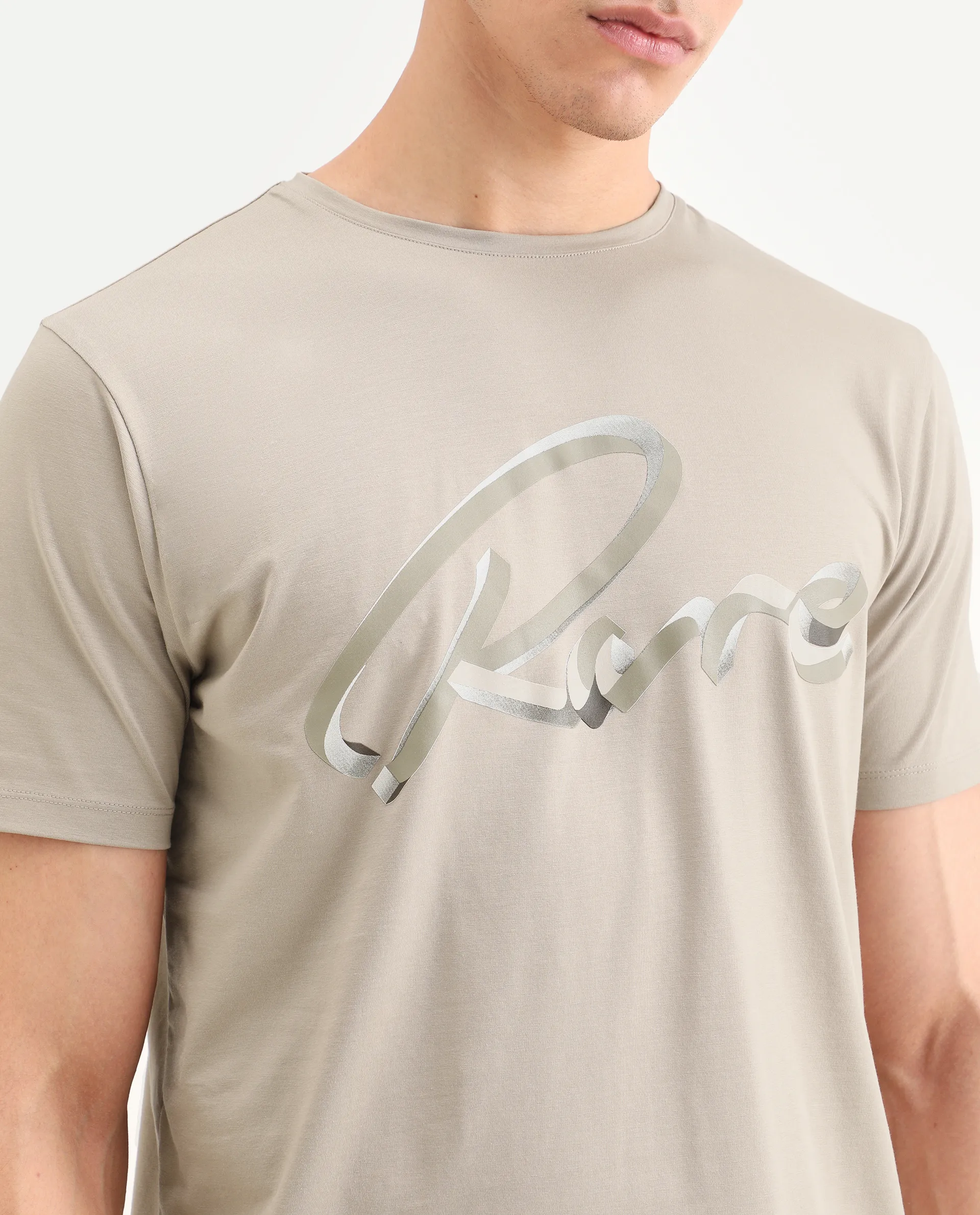 Rare Rabbit Men's Kloz Dusky Beige Cotton Blend Fabric Half Sleeve Crew Neck Regular Fit Graphic Print T-Shirt - Image 4