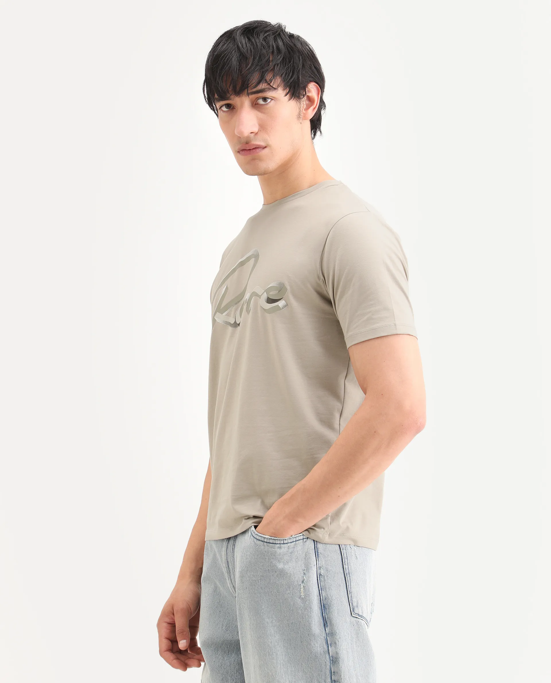 Rare Rabbit Men's Kloz Dusky Beige Cotton Blend Fabric Half Sleeve Crew Neck Regular Fit Graphic Print T-Shirt - Image 5