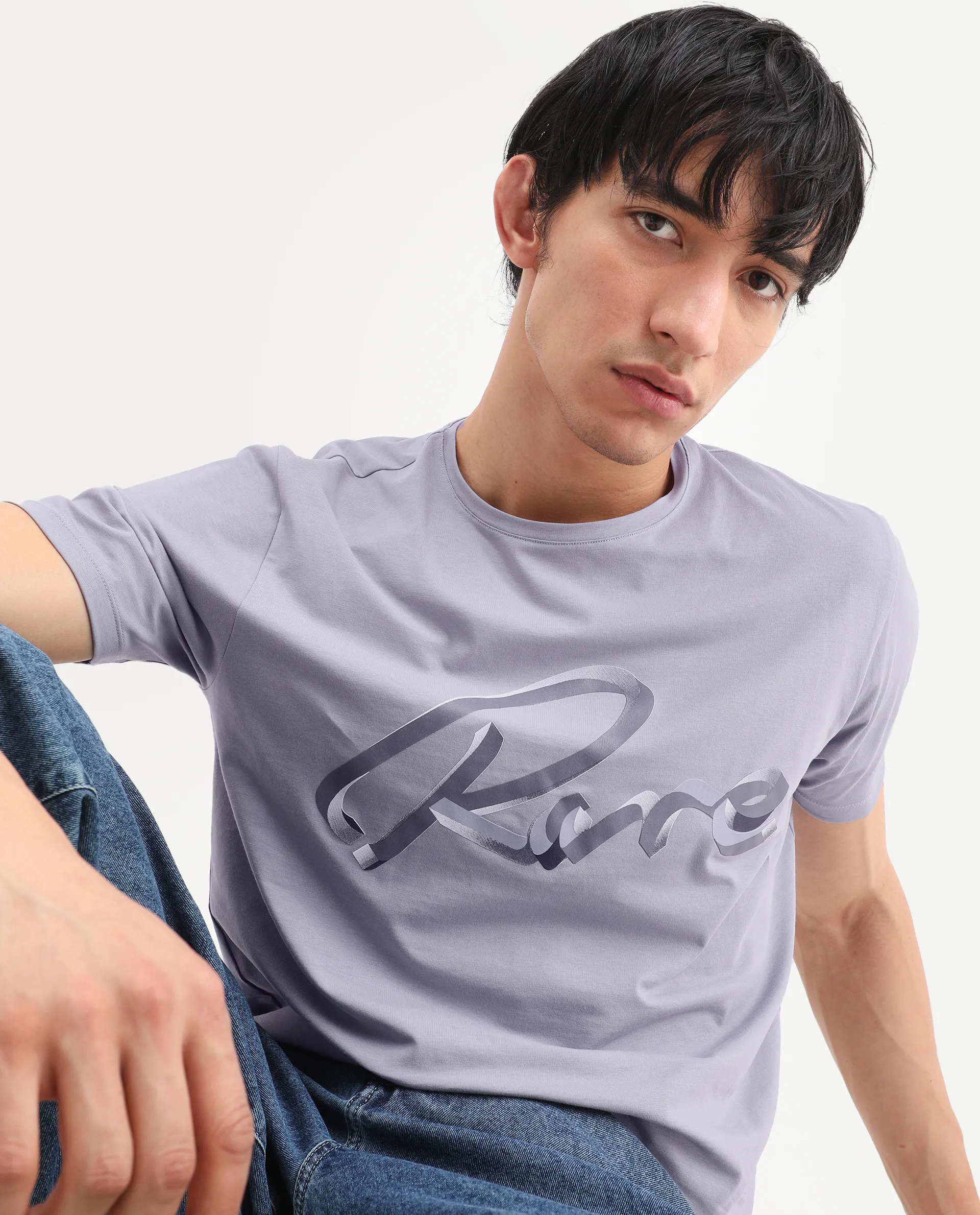 Rare Rabbit Men's Kloz Pastel Purple Cotton Blend Fabric Half Sleeve Crew Neck Regular Fit Graphic Print T-Shirt