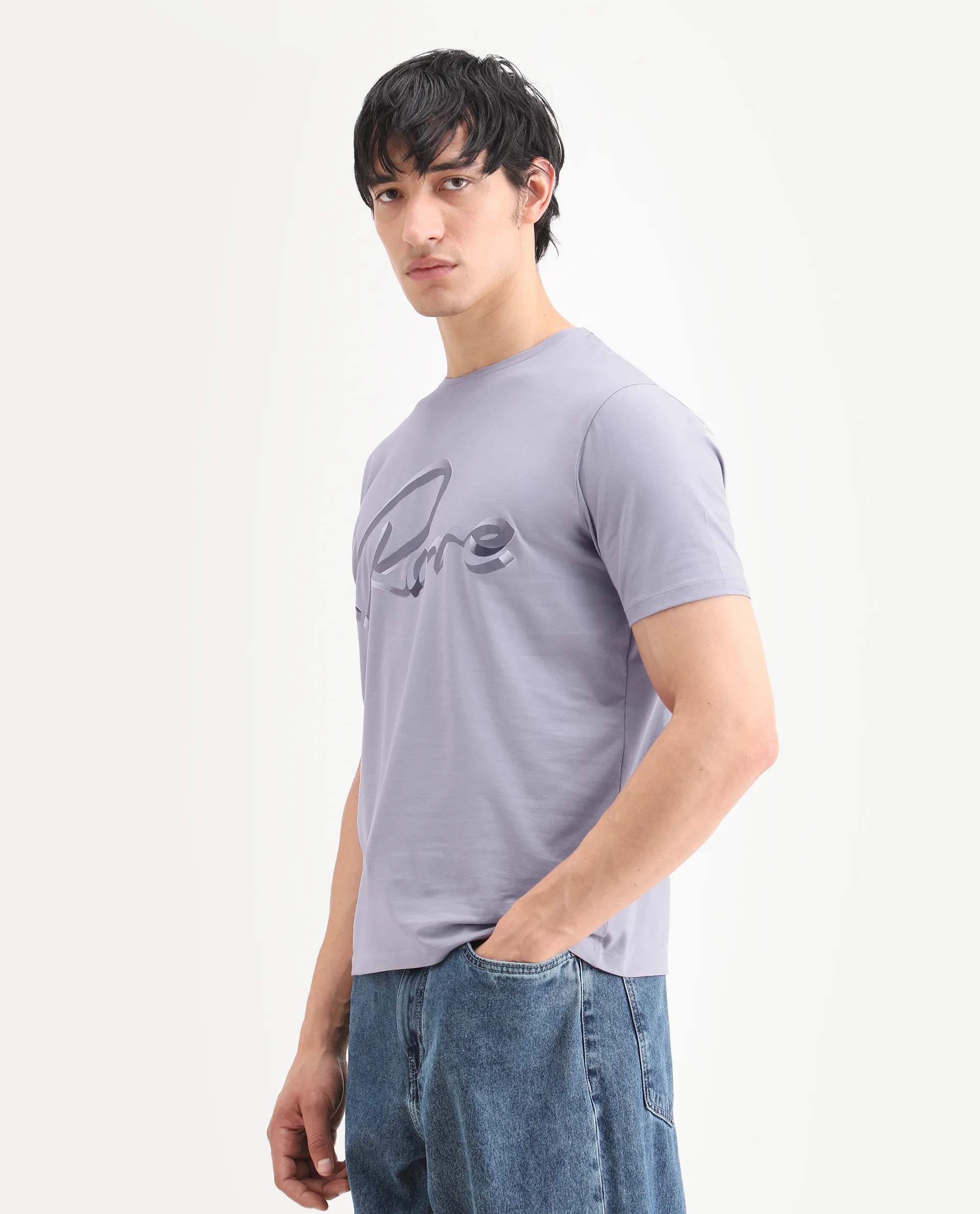 Rare Rabbit Men's Kloz Pastel Purple Cotton Blend Fabric Half Sleeve Crew Neck Regular Fit Graphic Print T-Shirt - Image 5