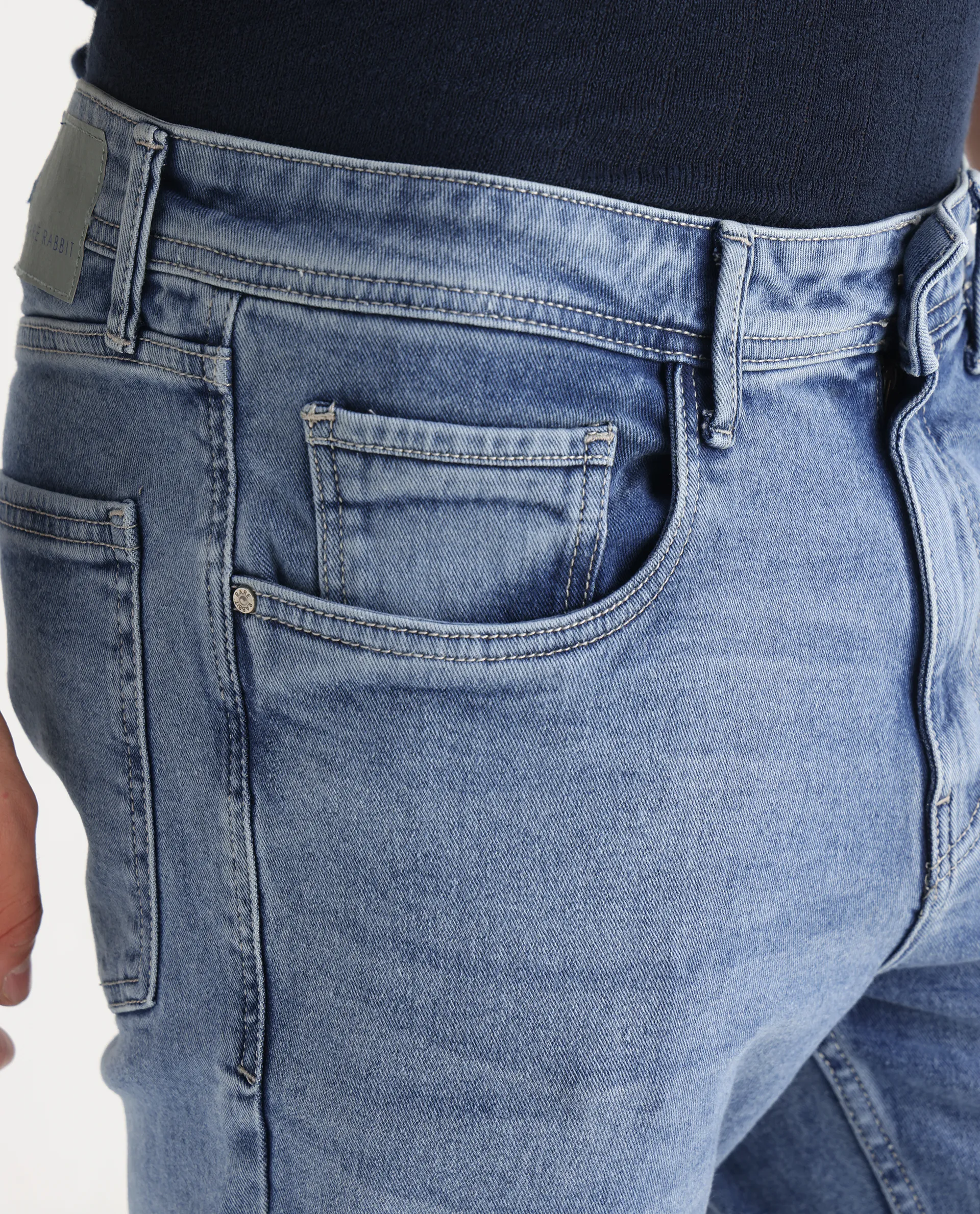 Rare Rabbit Men's Klune Blue Cotton Plain Hawk Slim Fit Jeans - Image 6