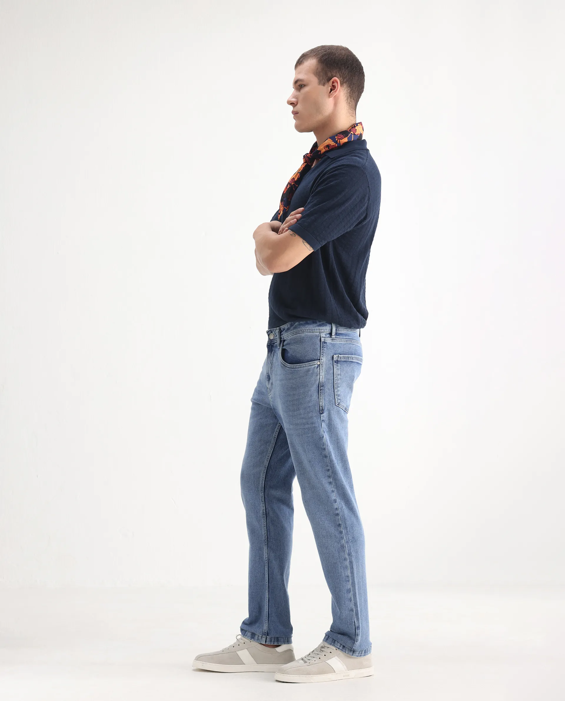 Rare Rabbit Men's Klune Blue Cotton Plain Hawk Slim Fit Jeans - Image 7