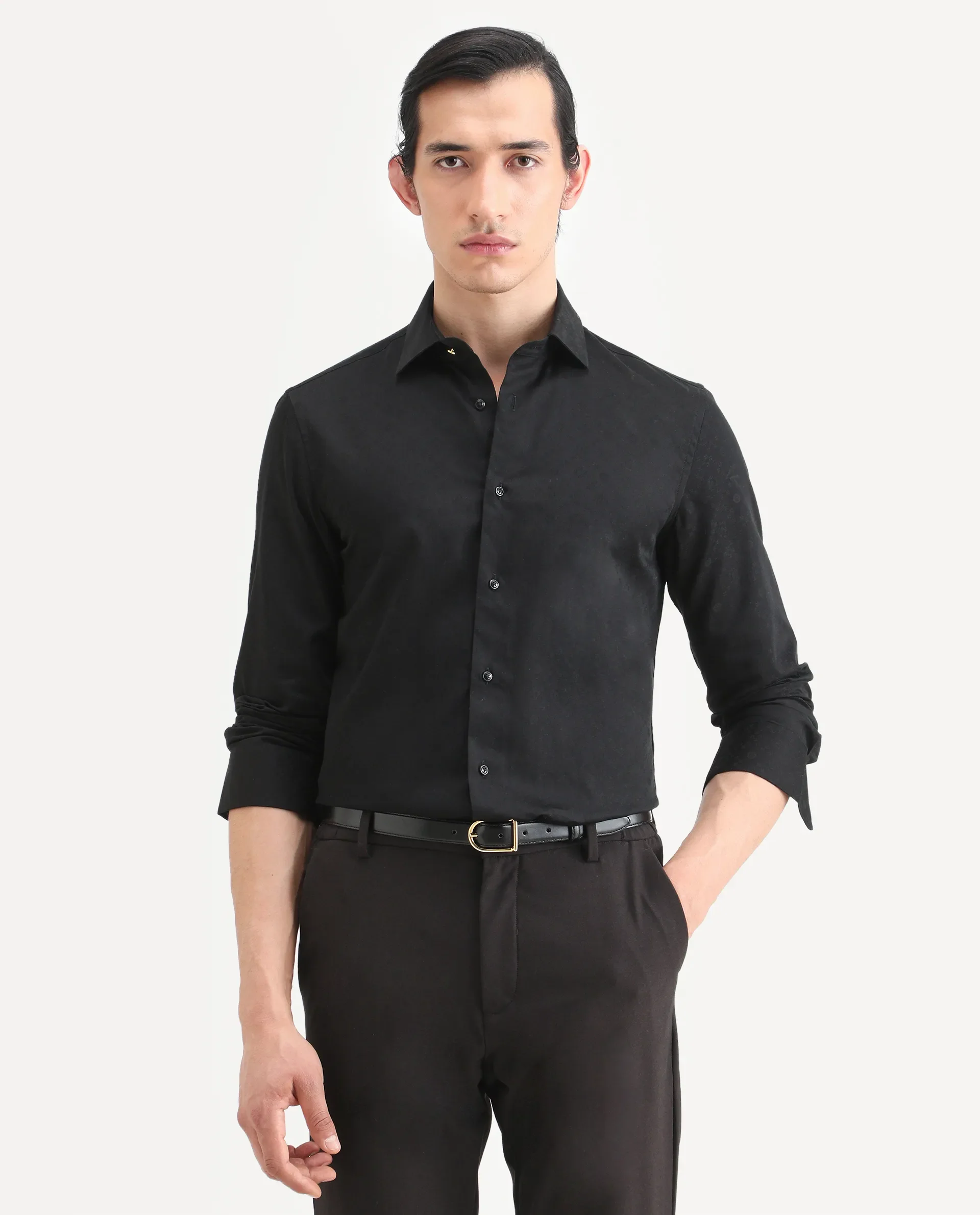 Rare Rabbit Men's Klut Black Cotton Blend Fabric Spread Collar Regular Fit Jacquard Shirt - Image 3