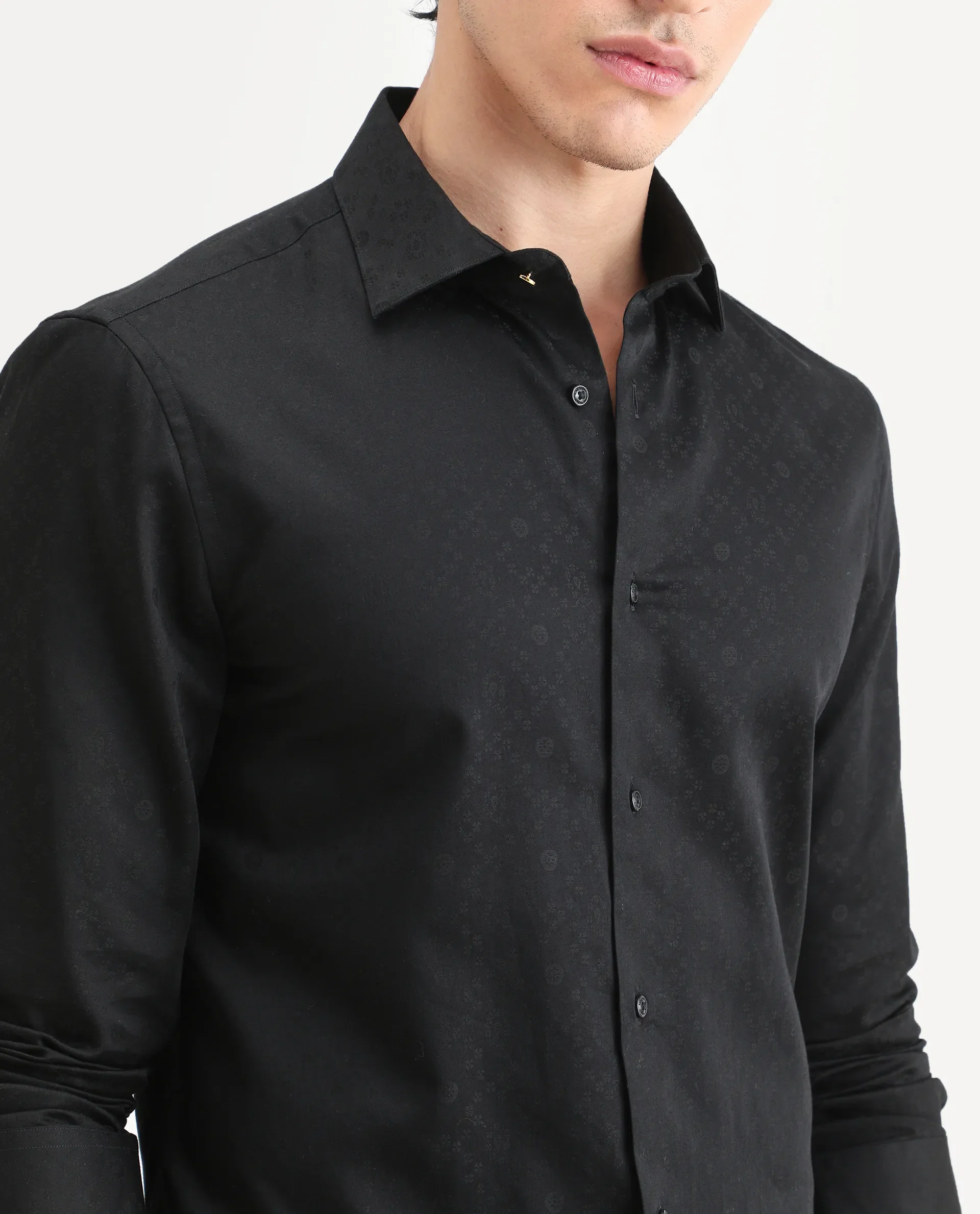 Rare Rabbit Men's Klut Black Cotton Blend Fabric Spread Collar Regular Fit Jacquard Shirt - Image 4