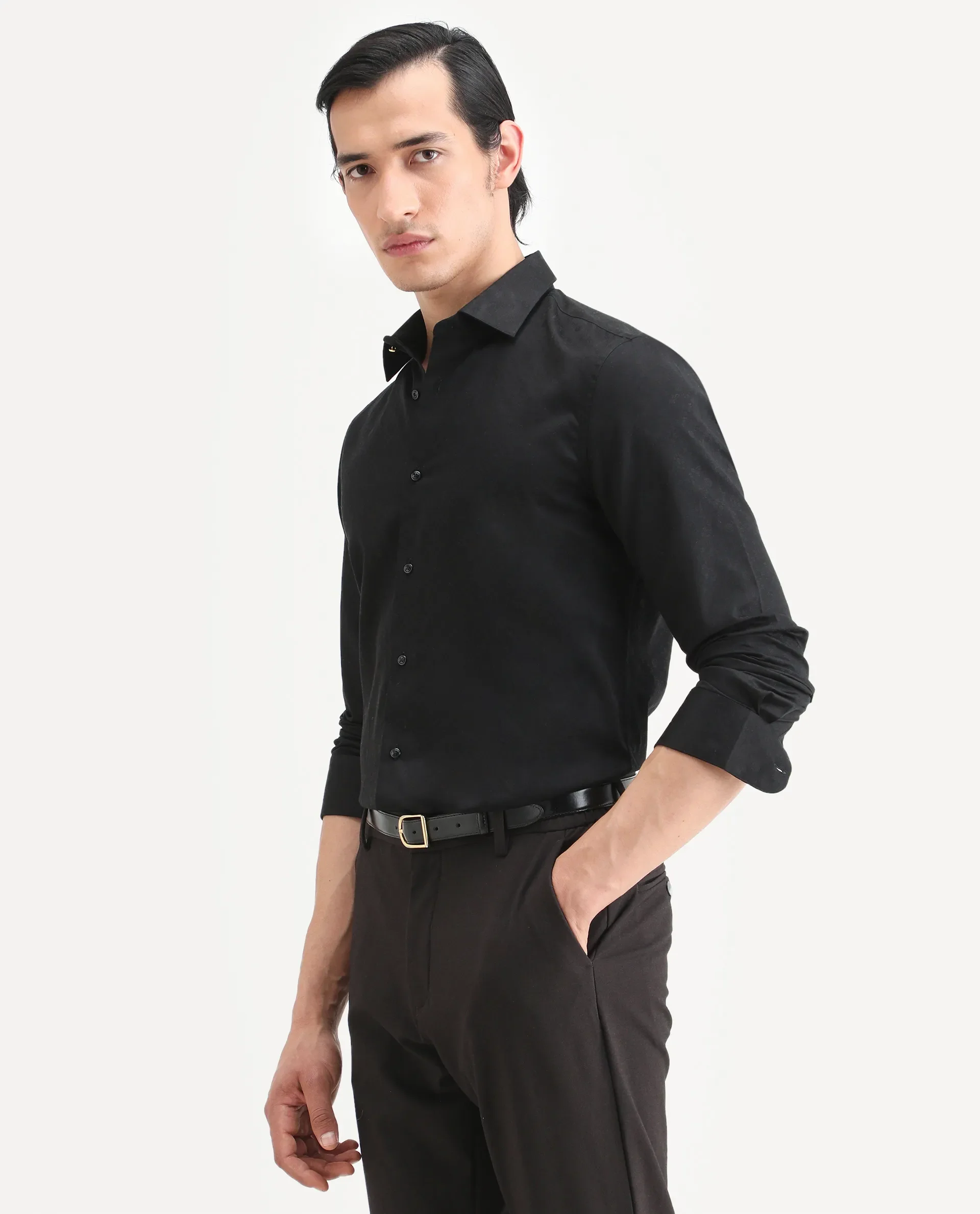 Rare Rabbit Men's Klut Black Cotton Blend Fabric Spread Collar Regular Fit Jacquard Shirt - Image 5