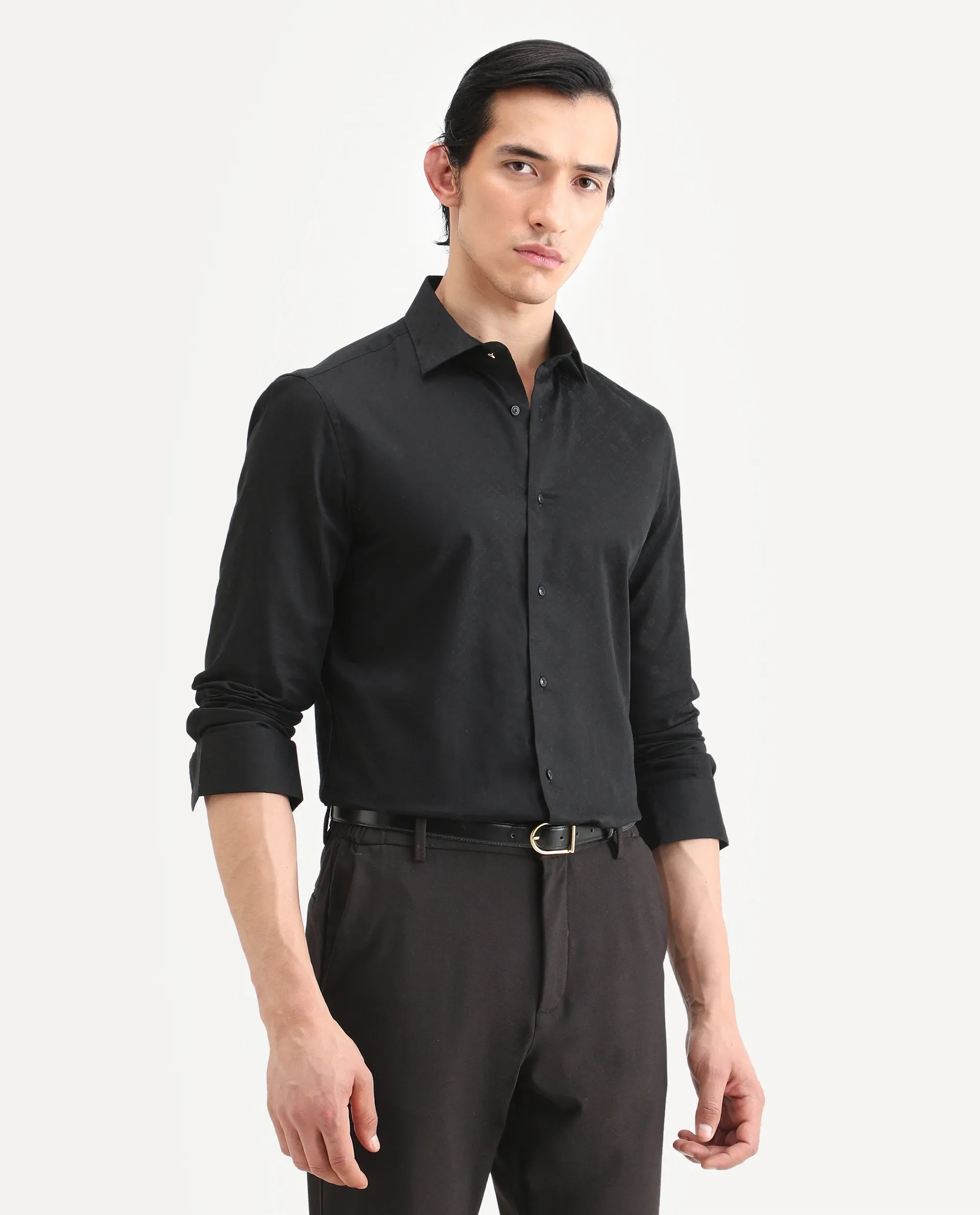 Rare Rabbit Men's Klut Black Cotton Blend Fabric Spread Collar Regular Fit Jacquard Shirt - Image 6