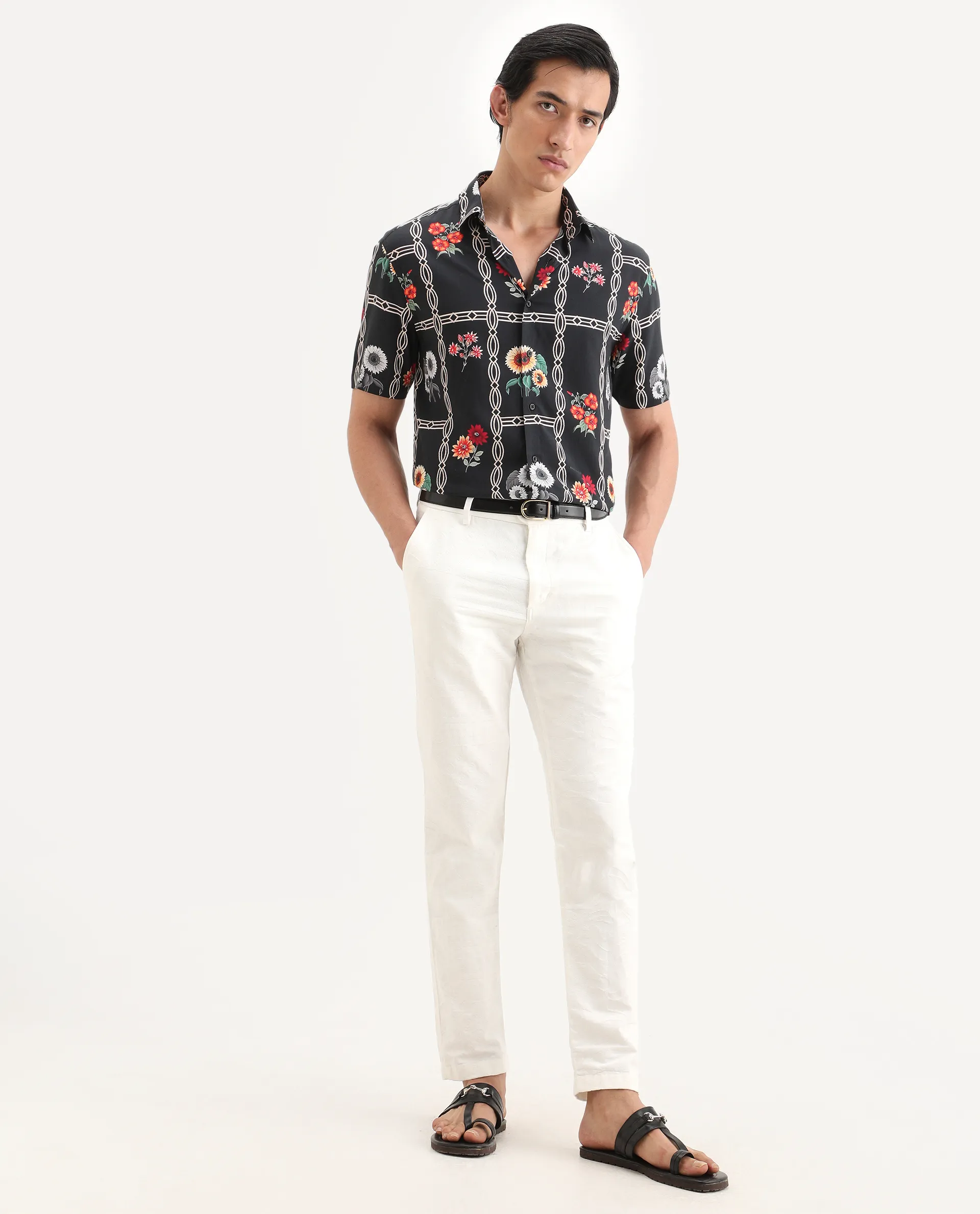 Rare Rabbit Men's Klyn Black Viscose Fabric Half Sleeve Spread Collar Regular Fit Floral Print Shirt - Image 2