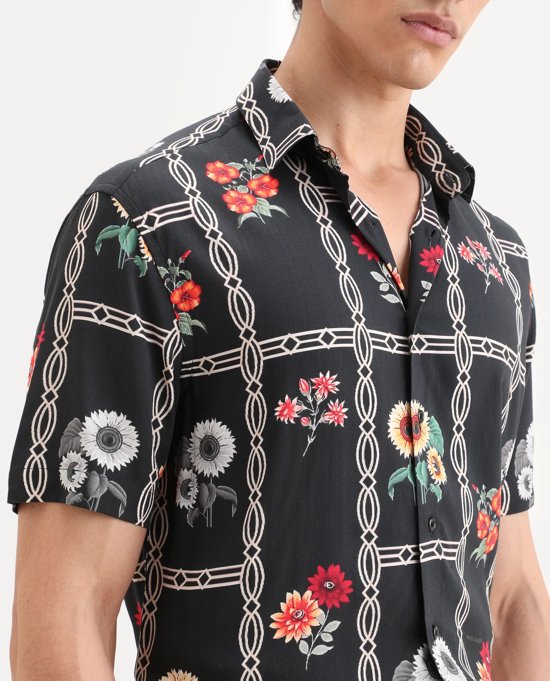 Rare Rabbit Men's Klyn Black Viscose Fabric Half Sleeve Spread Collar Regular Fit Floral Print Shirt - Image 3
