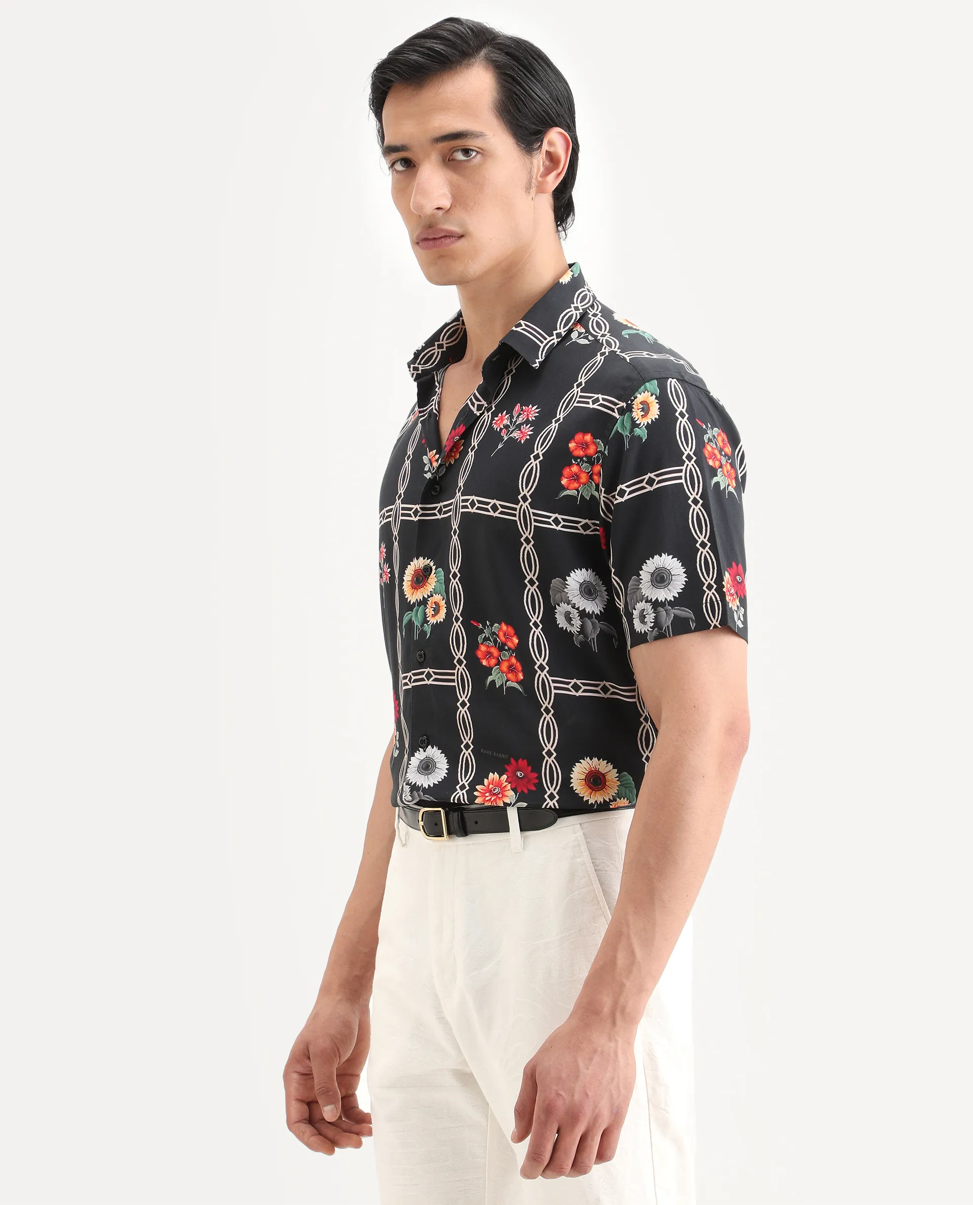 Rare Rabbit Men's Klyn Black Viscose Fabric Half Sleeve Spread Collar Regular Fit Floral Print Shirt - Image 4