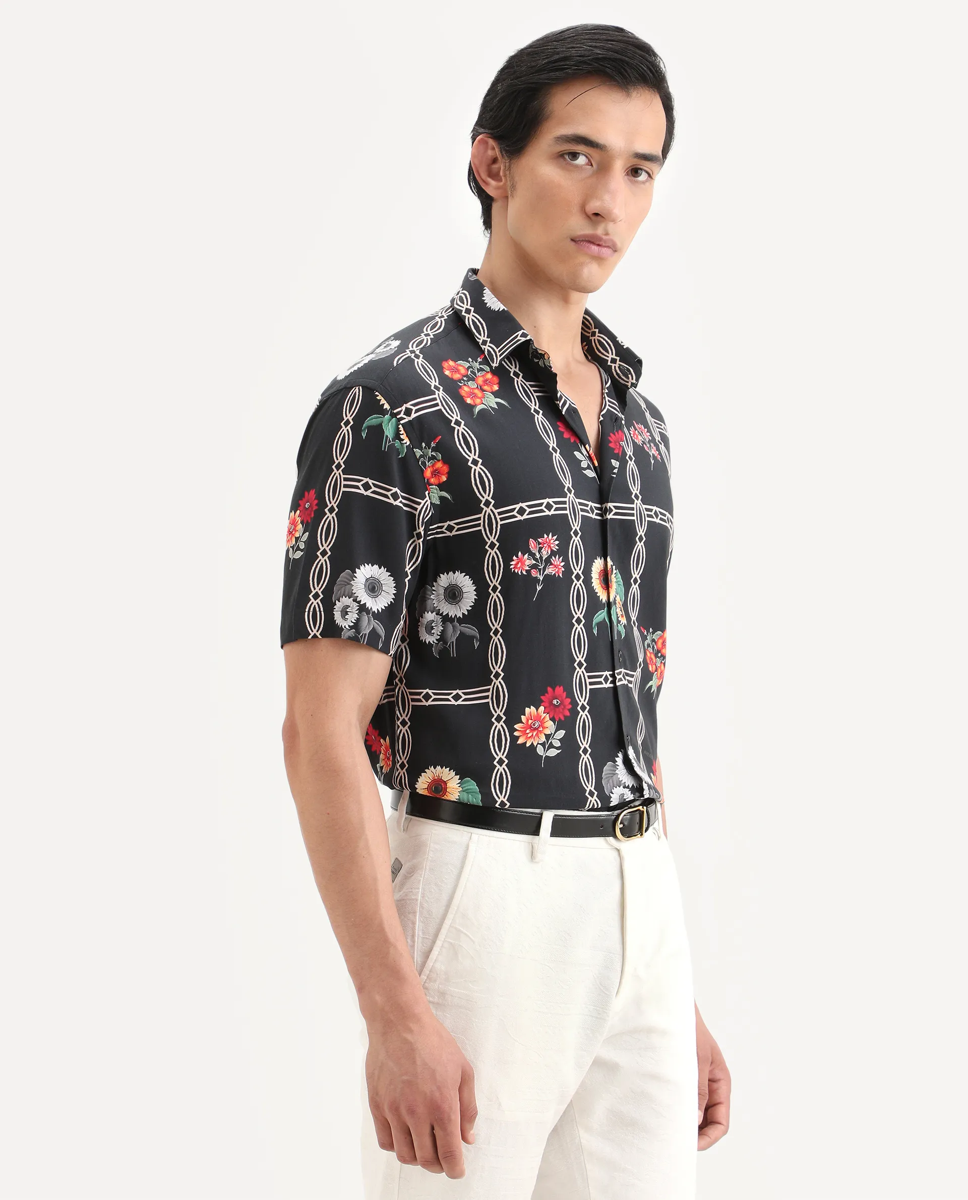 Rare Rabbit Men's Klyn Black Viscose Fabric Half Sleeve Spread Collar Regular Fit Floral Print Shirt - Image 5