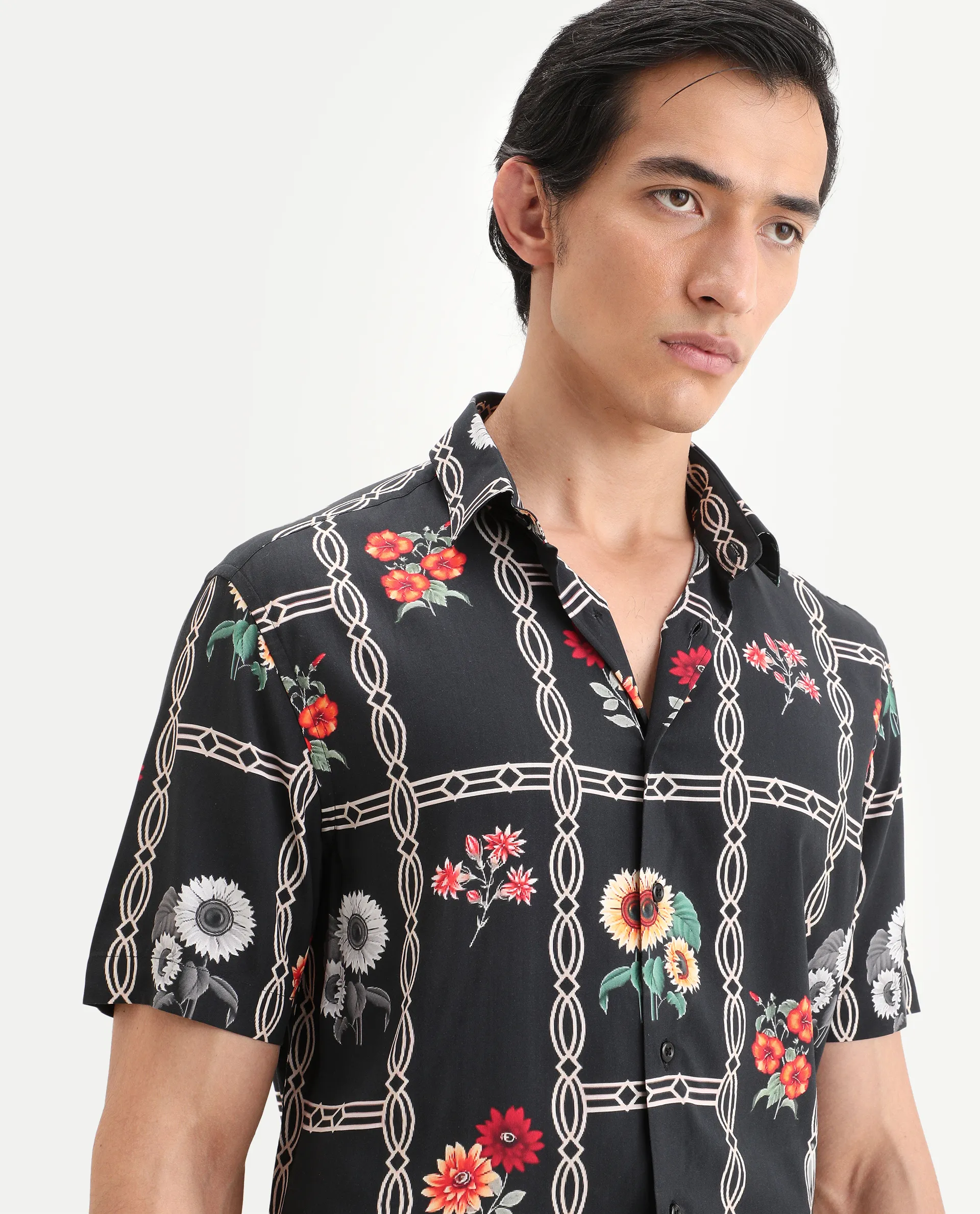 Rare Rabbit Men's Klyn Black Viscose Fabric Half Sleeve Spread Collar Regular Fit Floral Print Shirt - Image 6