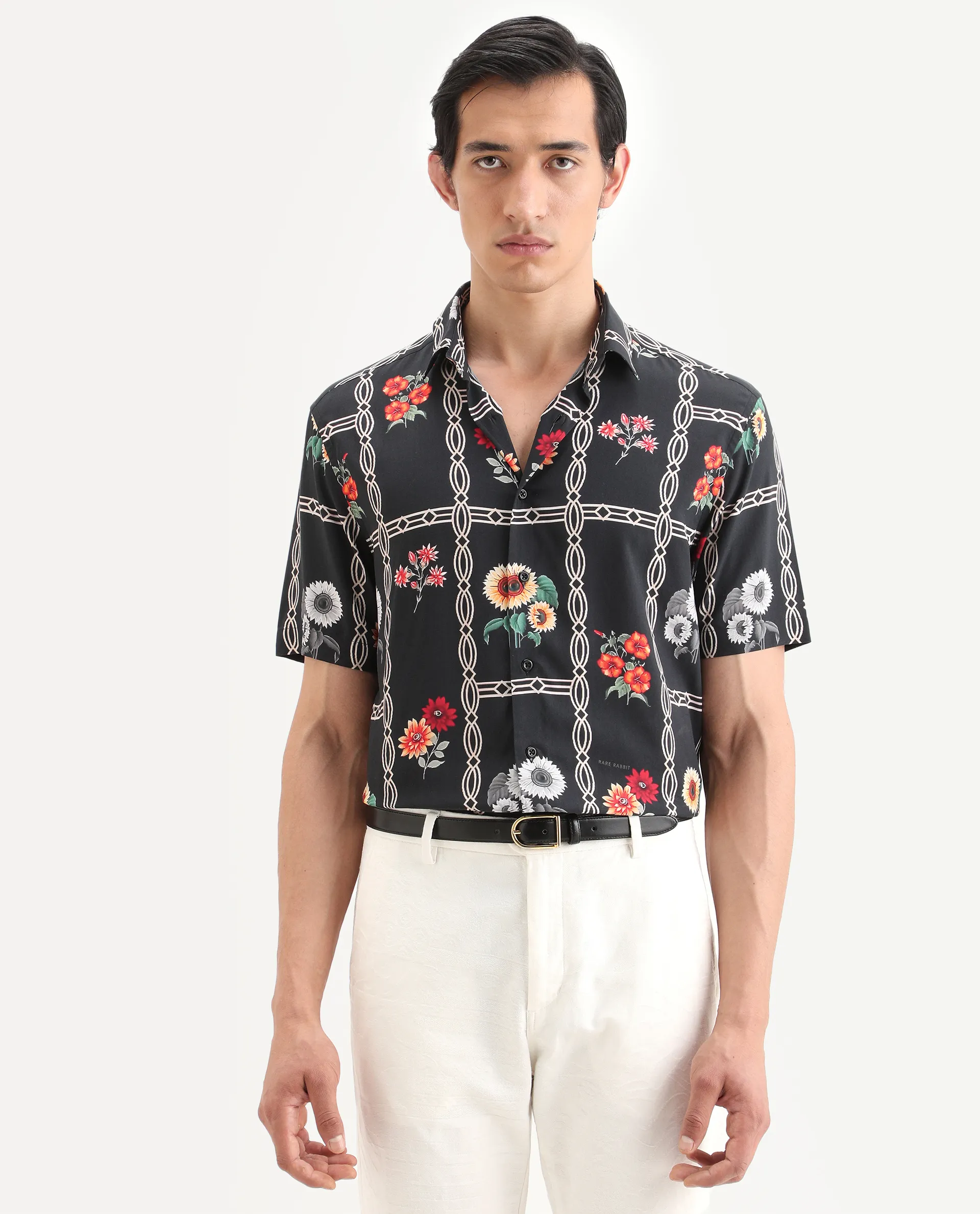 Rare Rabbit Men's Klyn Black Viscose Fabric Half Sleeve Spread Collar Regular Fit Floral Print Shirt - Image 7