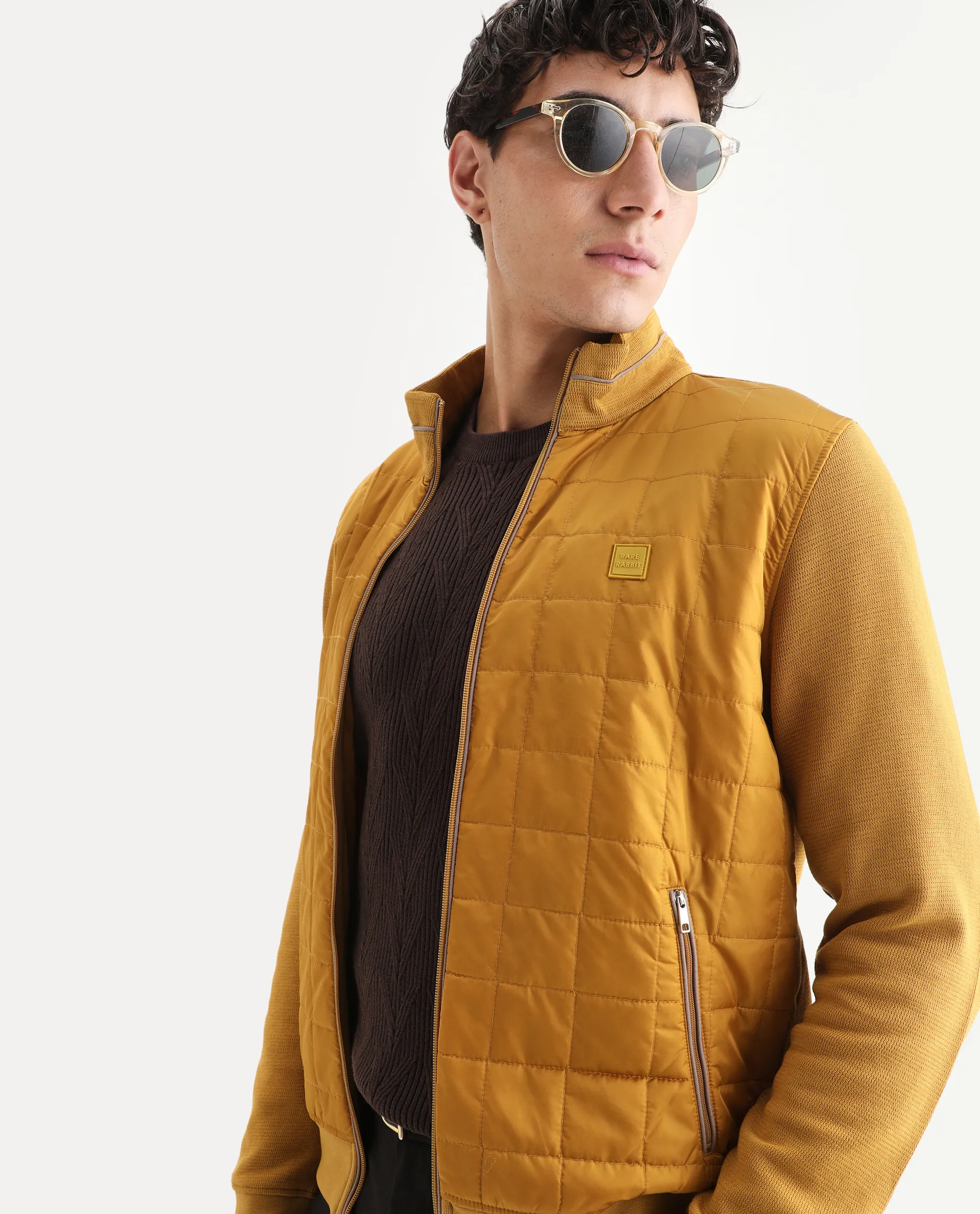 Rare Rabbit Men's Kneto Mustard Nylon Plain Regular Fit Full Sleeve High Neck Jacket