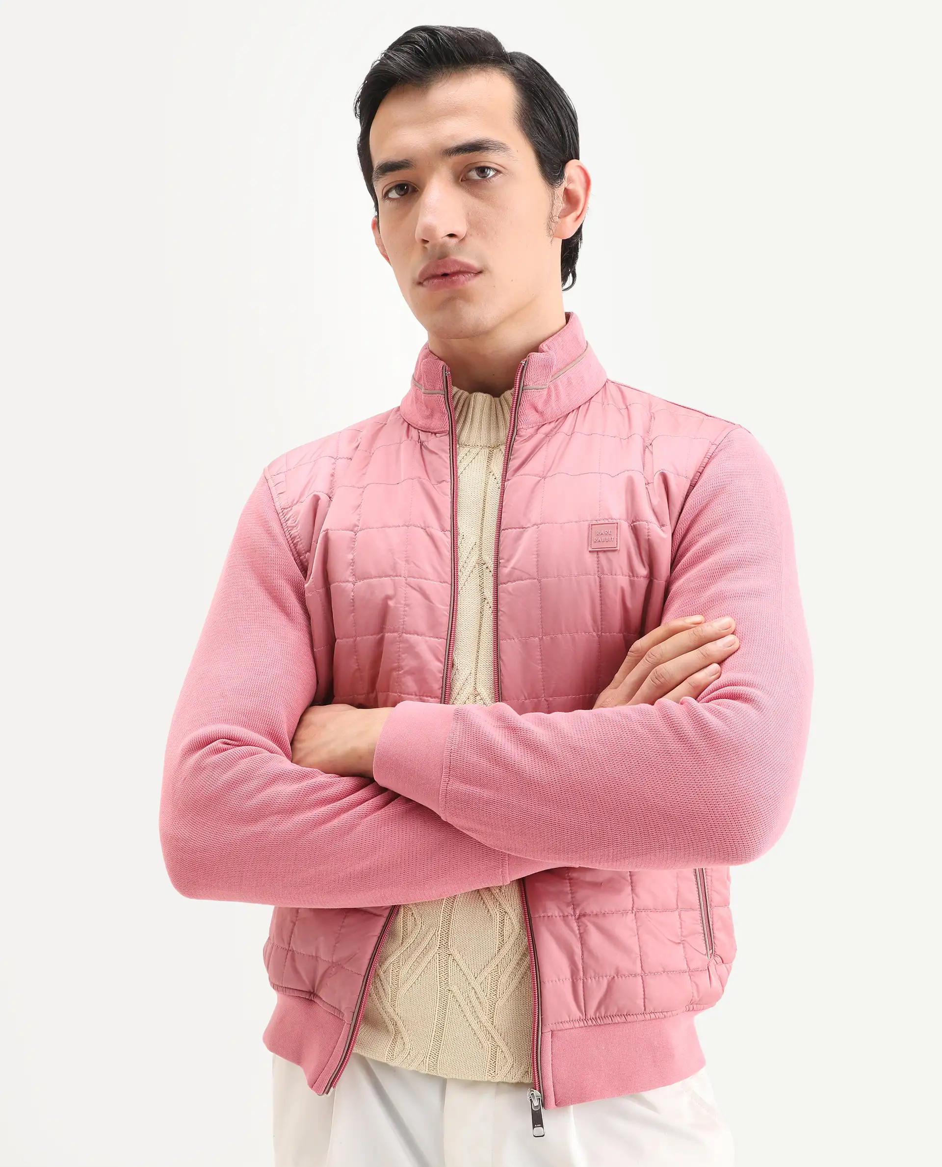 Rare Rabbit Men's Kneto Pink Nylon Plain Regular Fit Full Sleeve High Neck Jacket