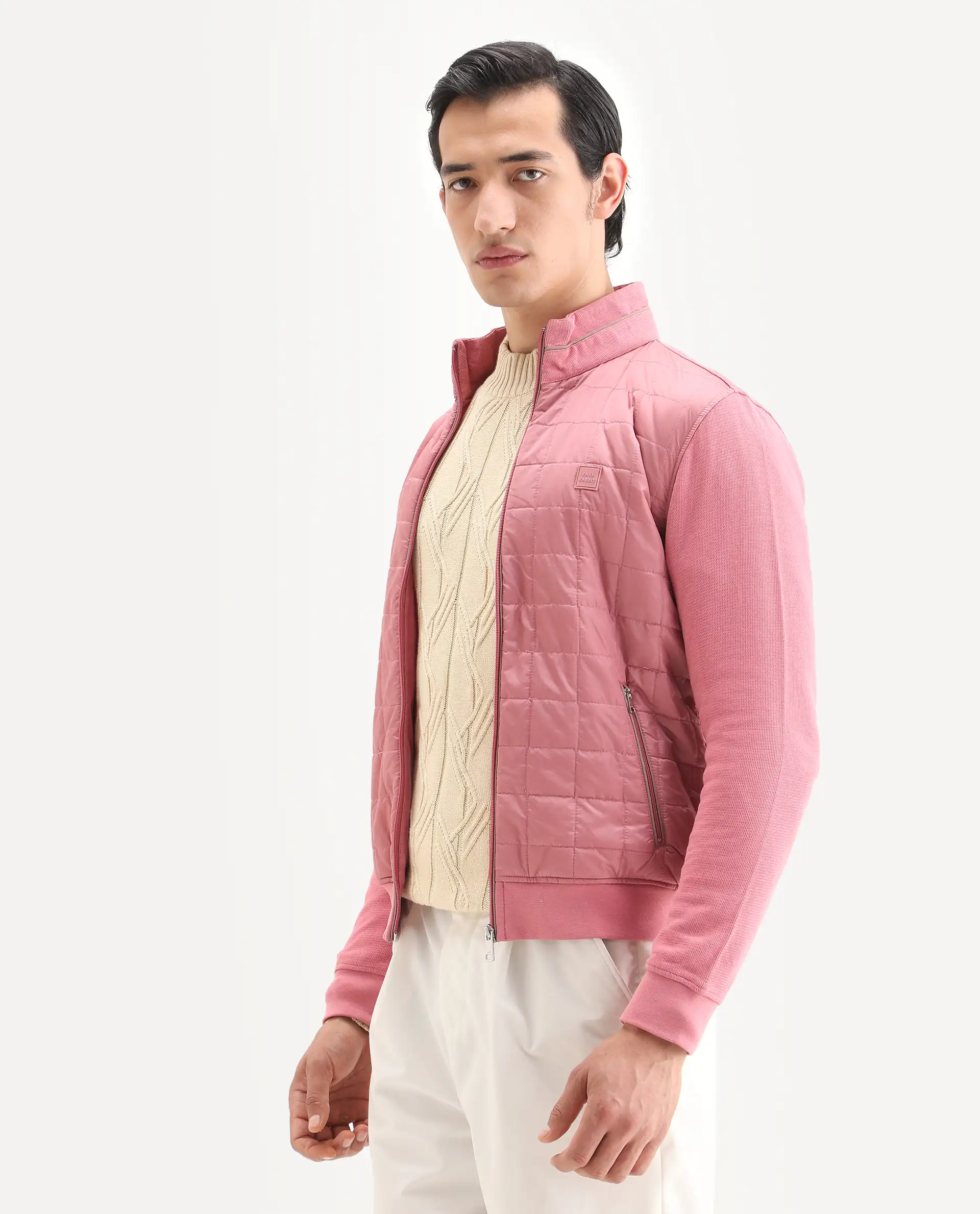 Rare Rabbit Men's Kneto Pink Nylon Plain Regular Fit Full Sleeve High Neck Jacket - Image 4