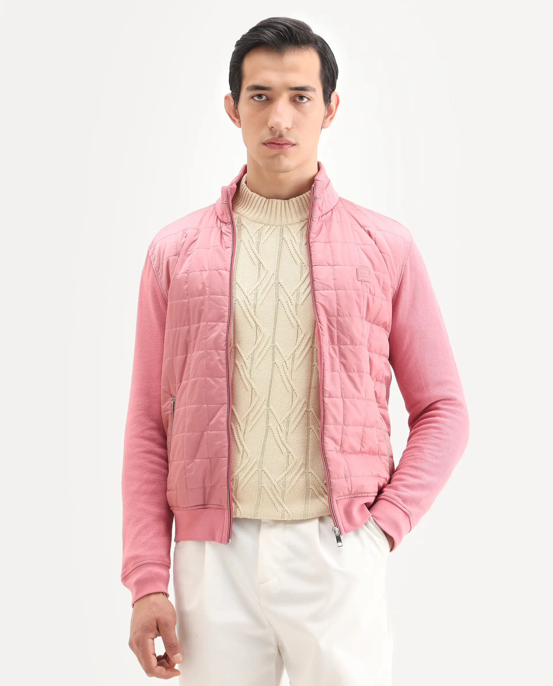 Rare Rabbit Men's Kneto Pink Nylon Plain Regular Fit Full Sleeve High Neck Jacket - Image 6