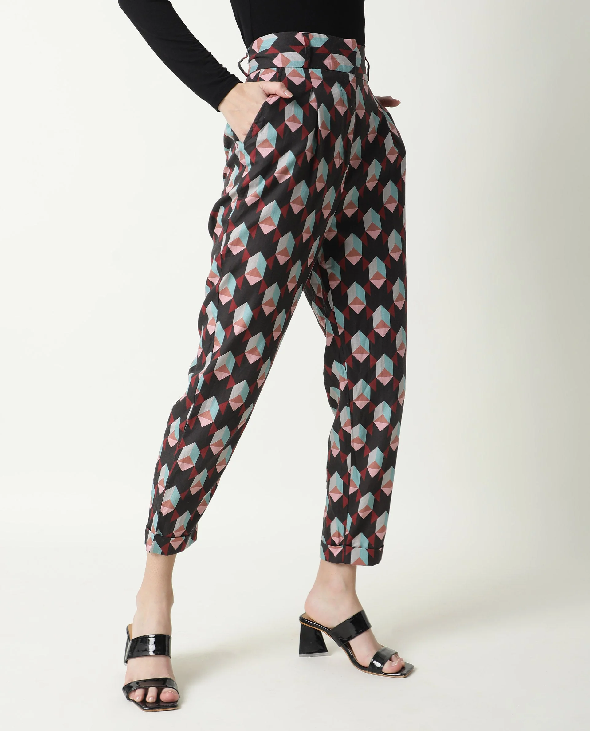 Rareism Women's Knicks Black Cotton Geometric Print Ankle Length Tailored Trouser - Image 11