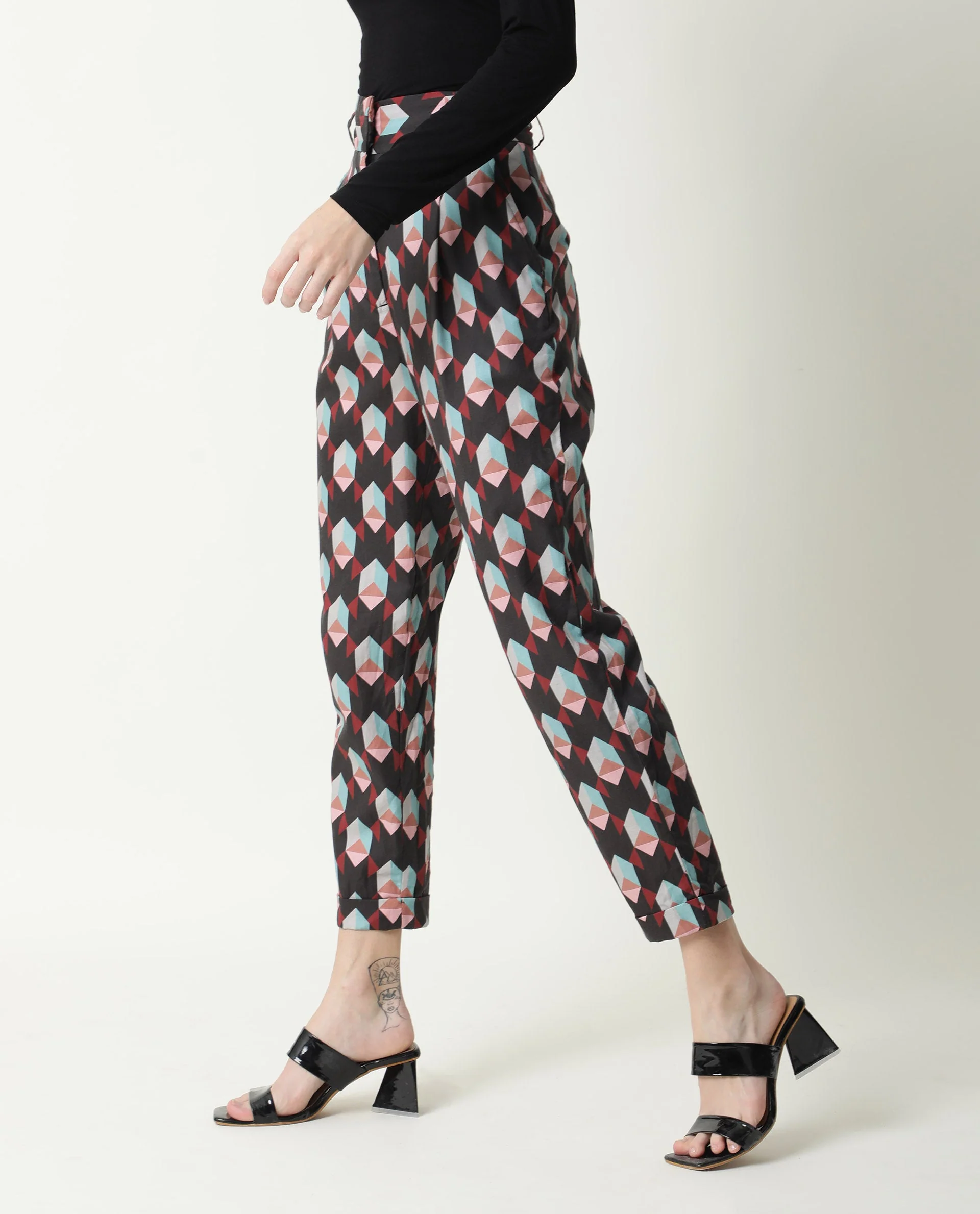 Rareism Women's Knicks Black Cotton Geometric Print Ankle Length Tailored Trouser - Image 12