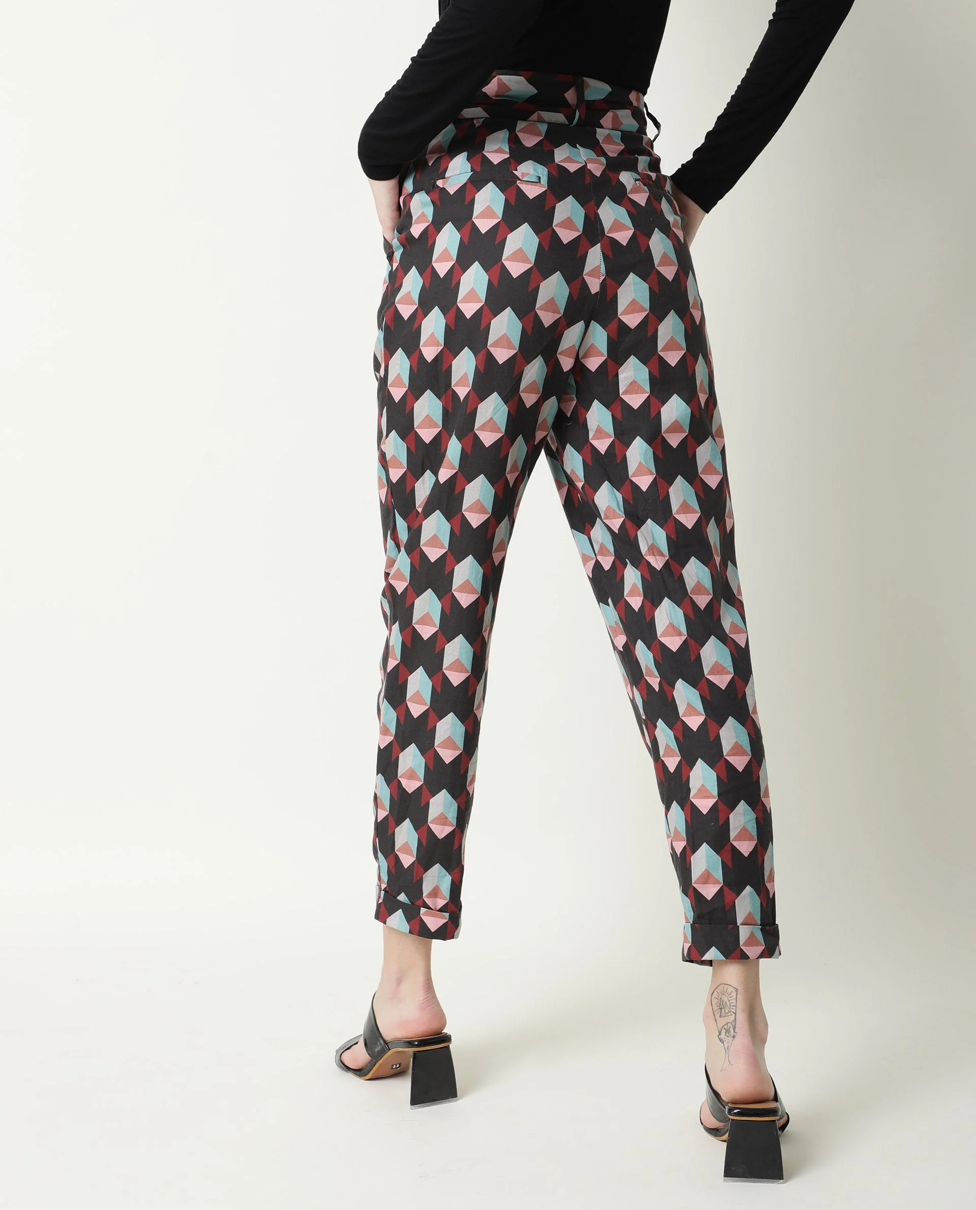 Rareism Women's Knicks Black Cotton Geometric Print Ankle Length Tailored Trouser - Image 13