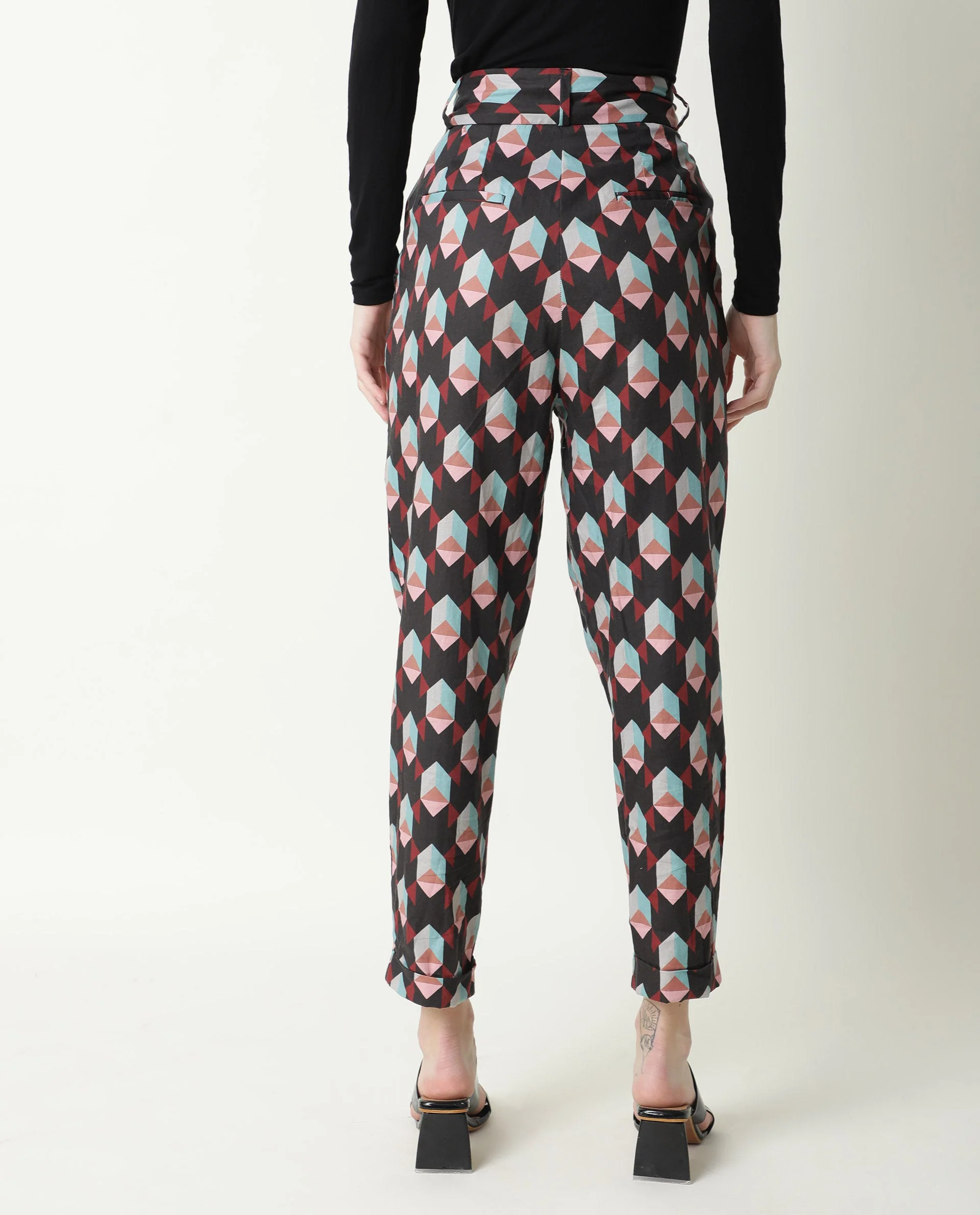Rareism Women's Knicks Black Cotton Geometric Print Ankle Length Tailored Trouser - Image 14