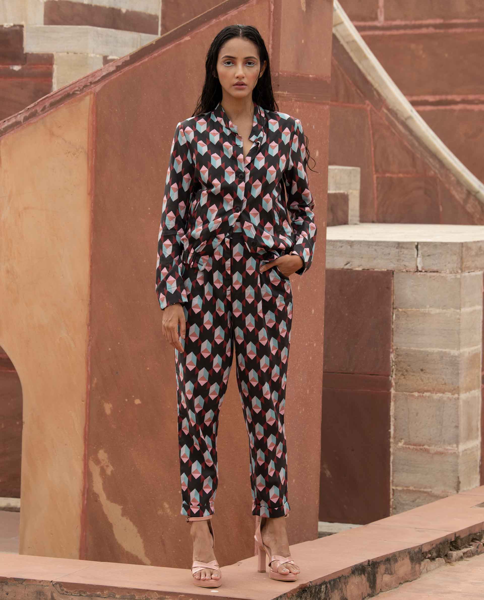 Rareism Women's Knicks Black Cotton Geometric Print Ankle Length Tailored Trouser - Image 2