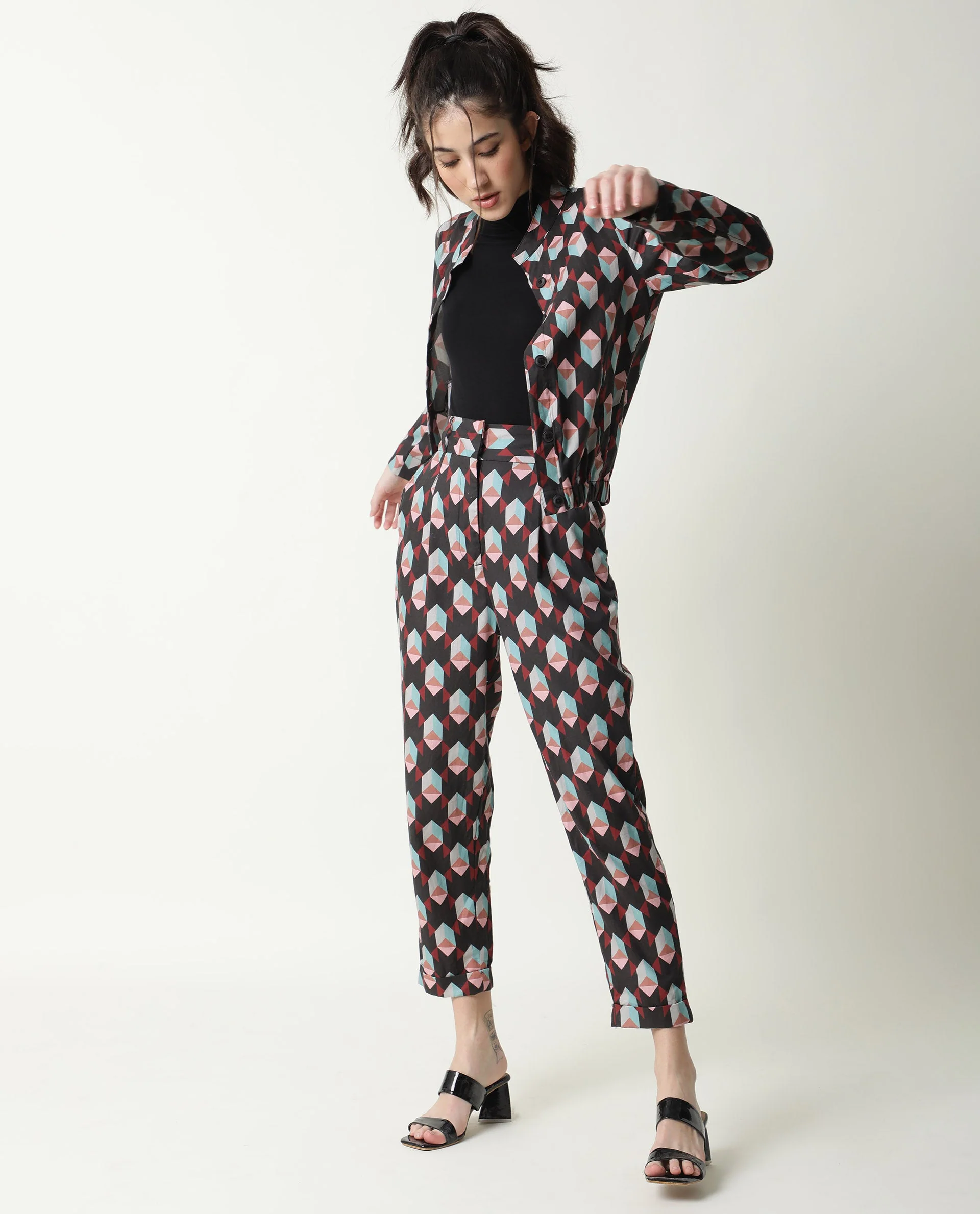 Rareism Women's Knicks Black Cotton Geometric Print Ankle Length Tailored Trouser - Image 3