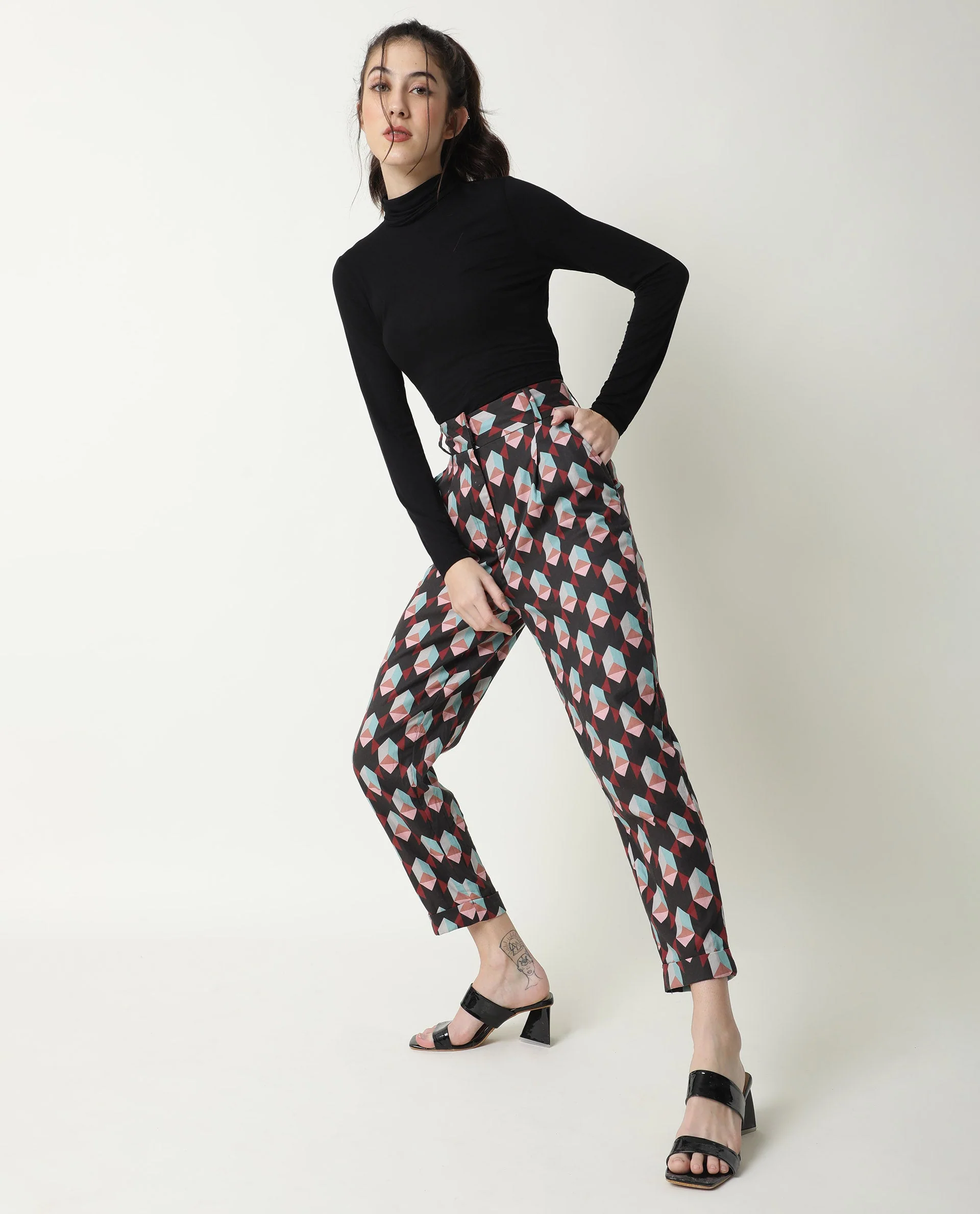 Rareism Women's Knicks Black Cotton Geometric Print Ankle Length Tailored Trouser - Image 4