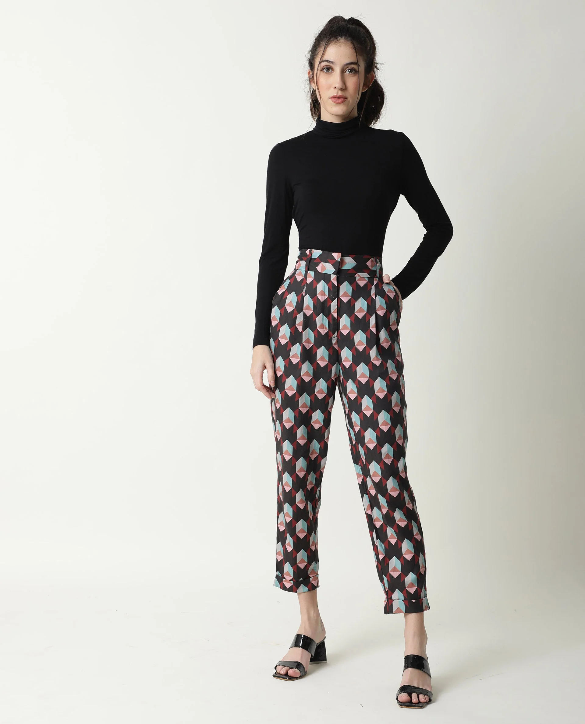 Rareism Women's Knicks Black Cotton Geometric Print Ankle Length Tailored Trouser - Image 5