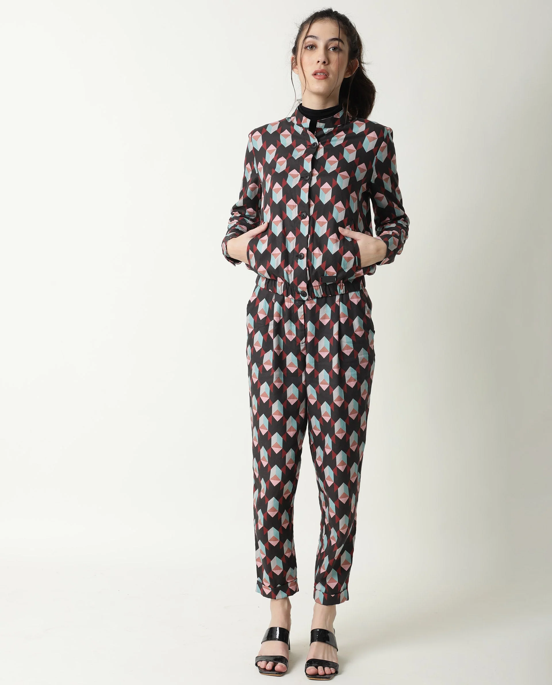 Rareism Women's Knicks Black Cotton Geometric Print Ankle Length Tailored Trouser - Image 7