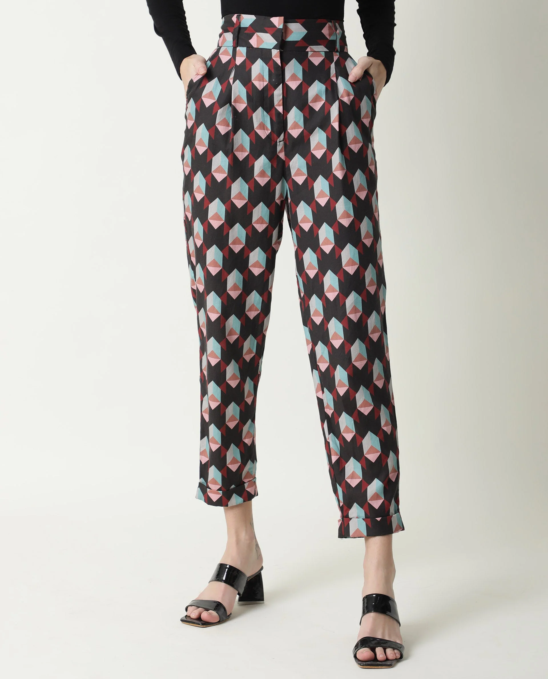 Rareism Women's Knicks Black Cotton Geometric Print Ankle Length Tailored Trouser - Image 8